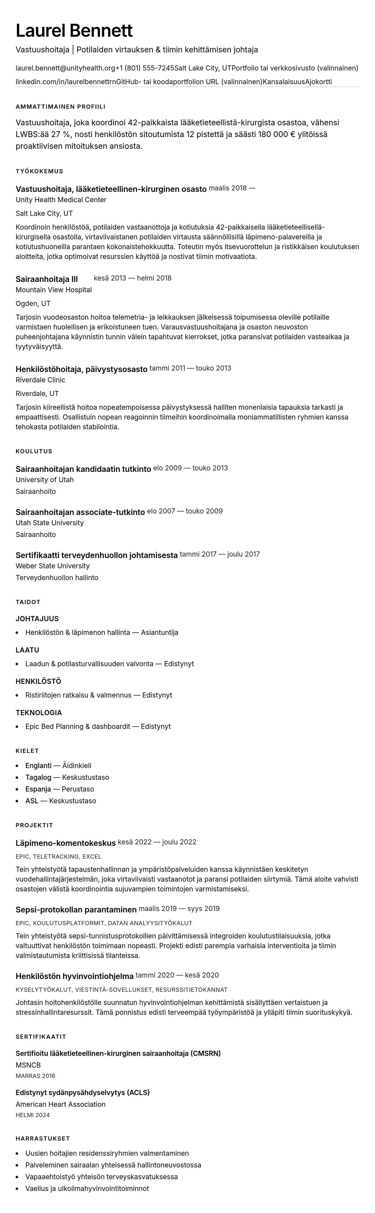 Ansioluetteloesikatselu kohteelle Vastuushoitajan ansioluetteloesimerkki