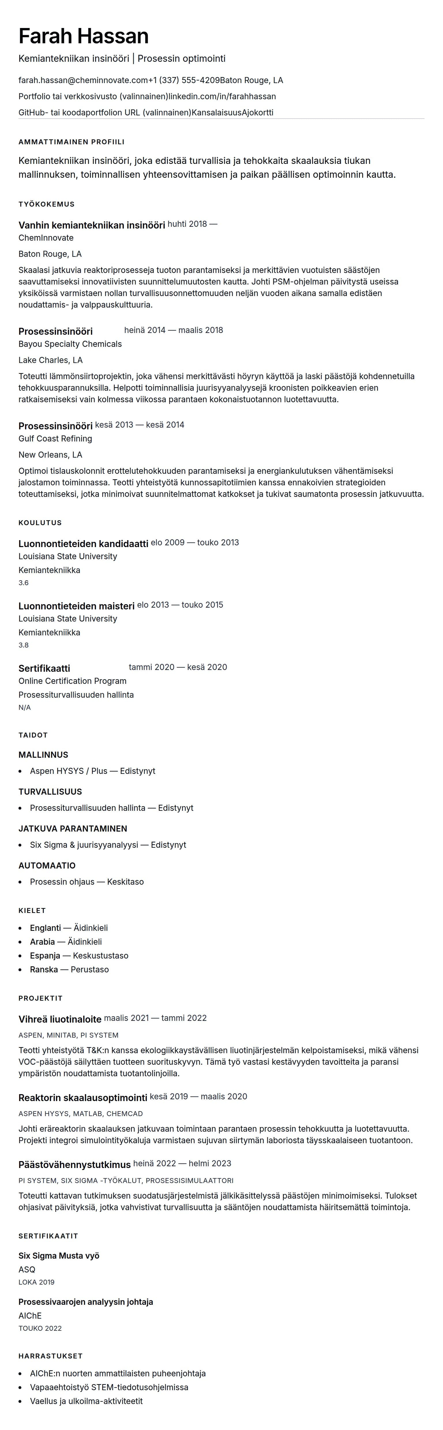 Ansioluetteloesikatselu kohteelle Kemiantekniikan insinöörin ansioluetteloesimerkki
