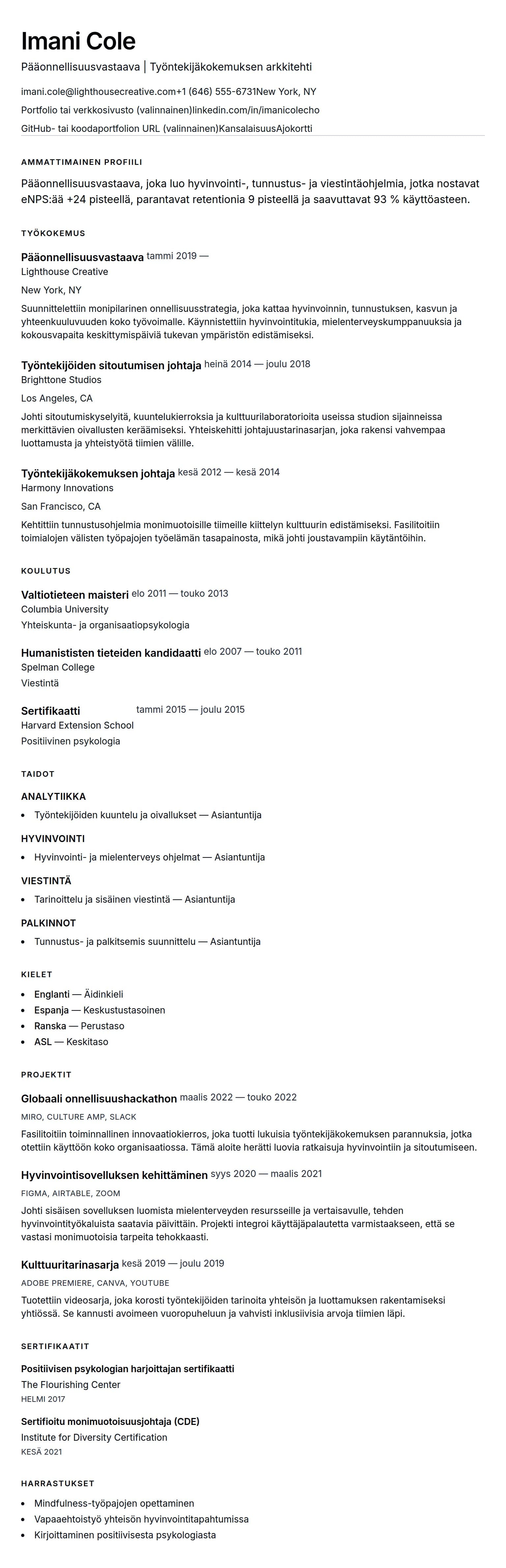Ansioluetteloesikatselu kohteelle Pääonnellisuusvastaavan (POV) ansioluettelon esimerkki