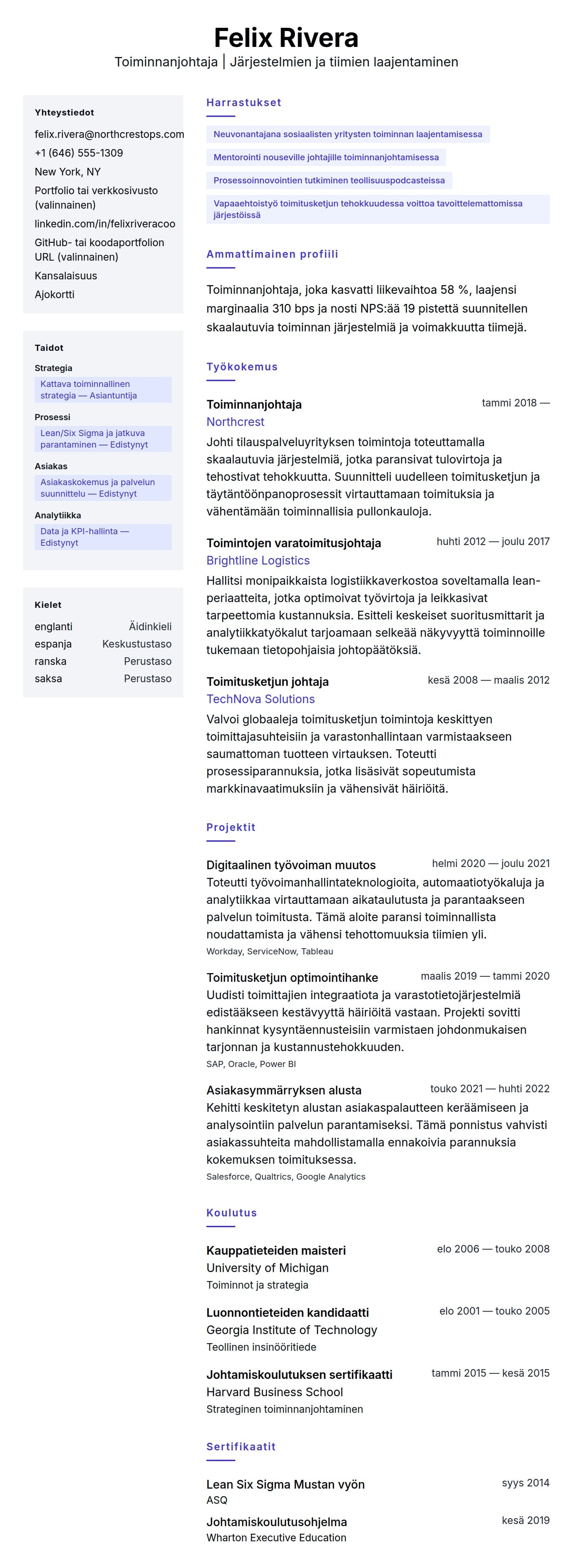 Ansioluetteloesikatselu kohteelle Toiminnanjohtajan ansioluetteloesimerkki