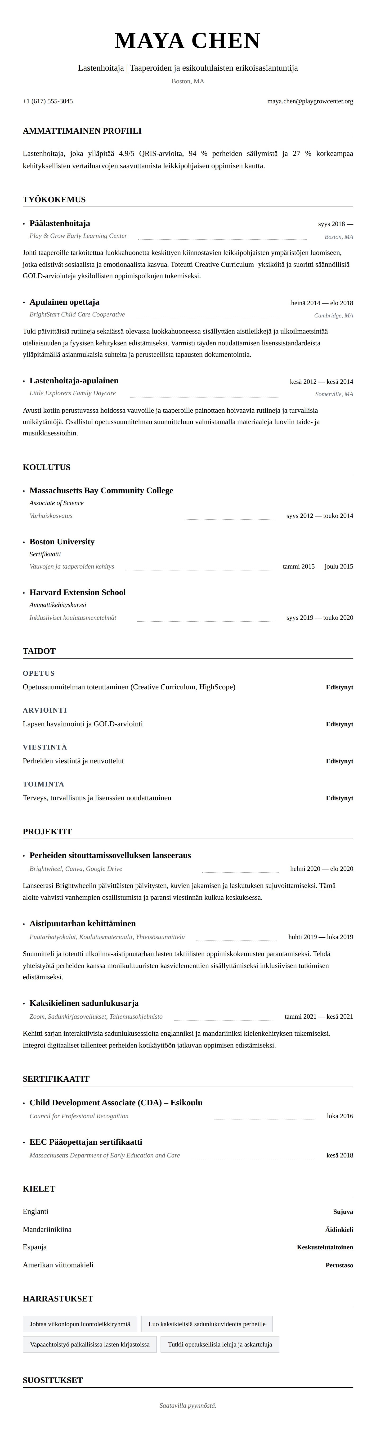 Ansioluetteloesikatselu kohteelle Lastenhoitajan ansioluettelon esimerkki