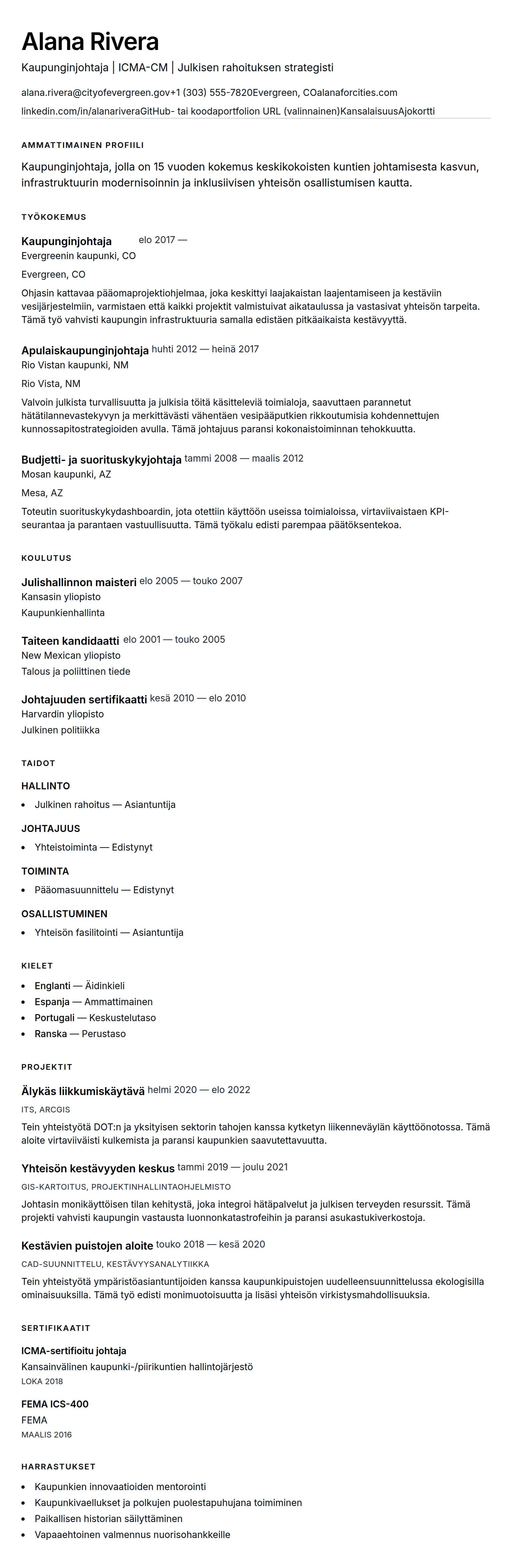 Ansioluetteloesikatselu kohteelle Kaupunginjohtajan ansioluetteloesimerkki