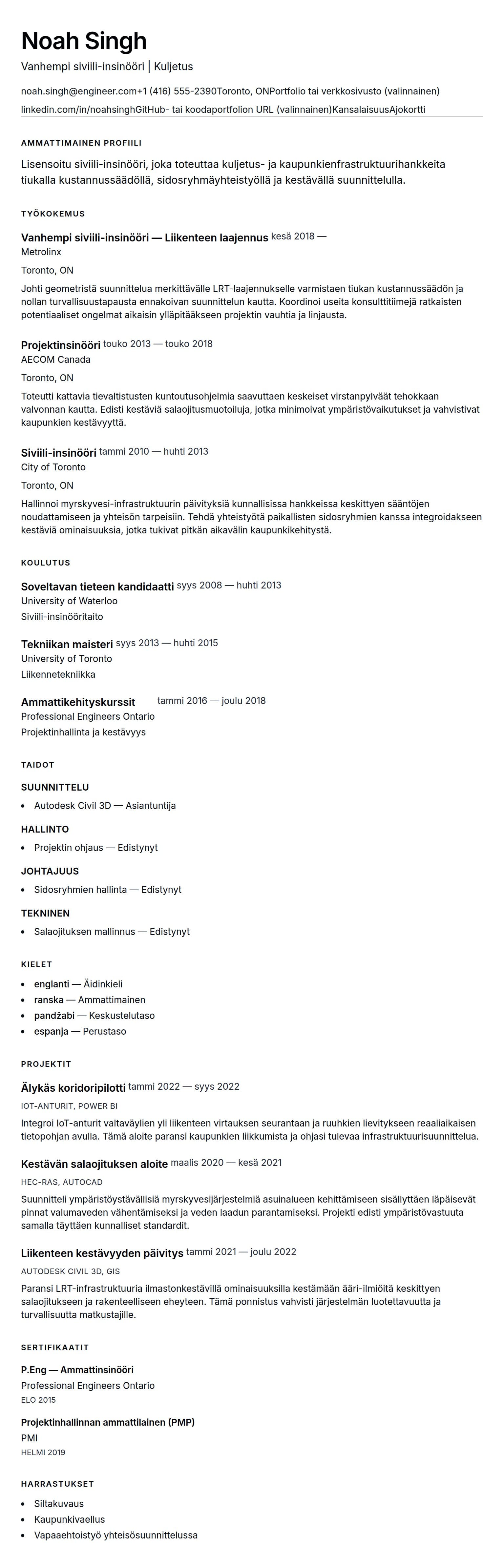 Ansioluetteloesikatselu kohteelle Siviili-insinöörin ansioluetteloesimerkki