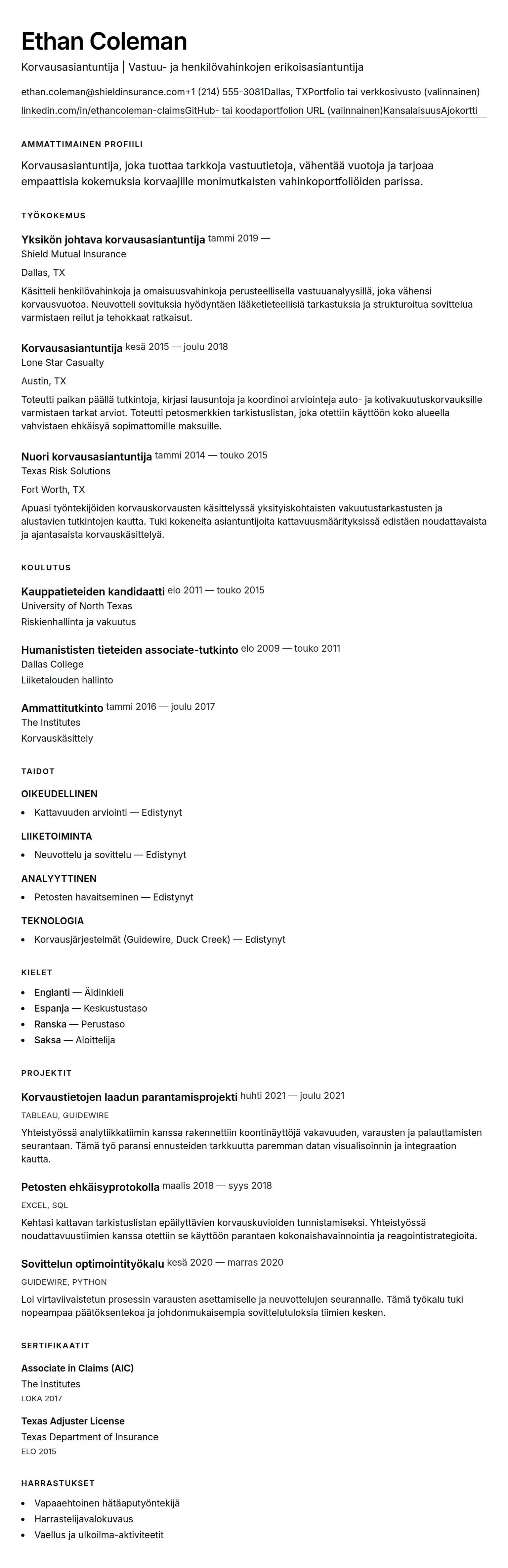 Ansioluetteloesikatselu kohteelle Korvausasiantuntijan CV-esimerkki