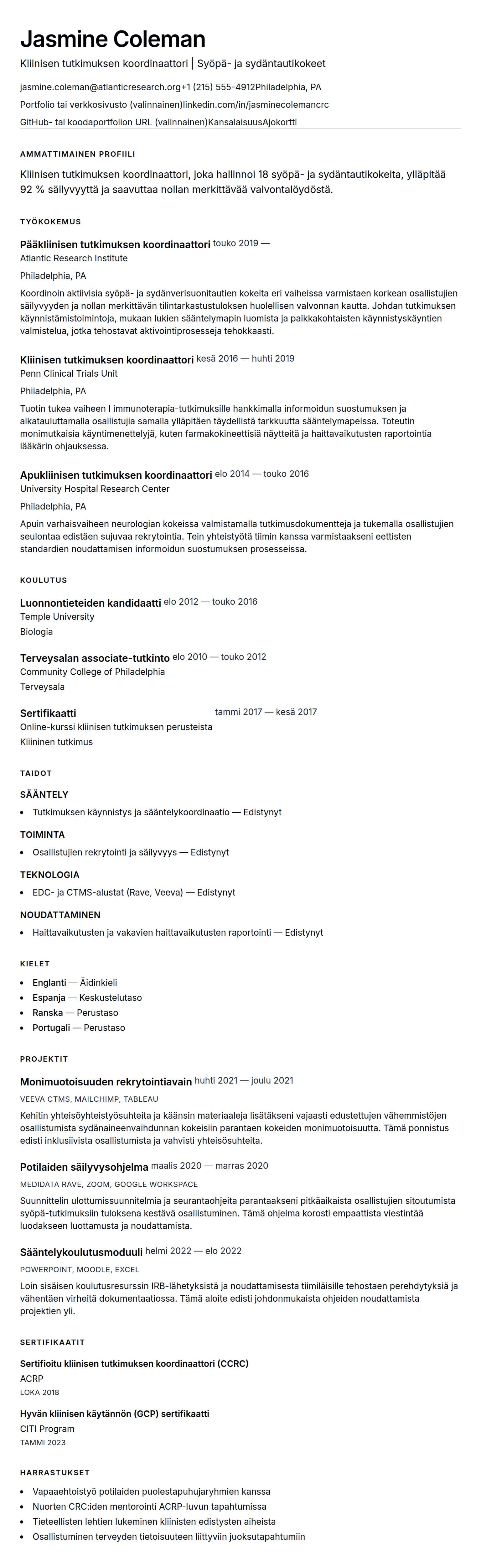 Ansioluetteloesikatselu kohteelle Kliinisen tutkimuksen koordinaattorin ansioluetteloesimerkki