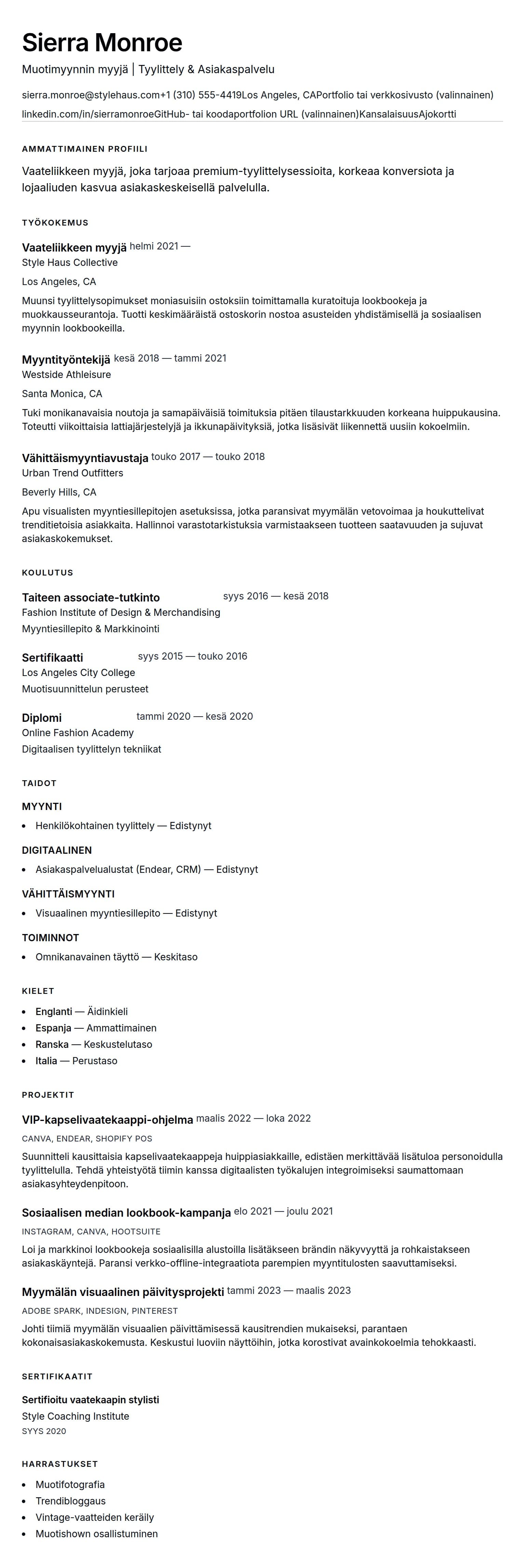 Ansioluetteloesikatselu kohteelle Vaateliikkeen myyjän ansioluetteloesimerkki
