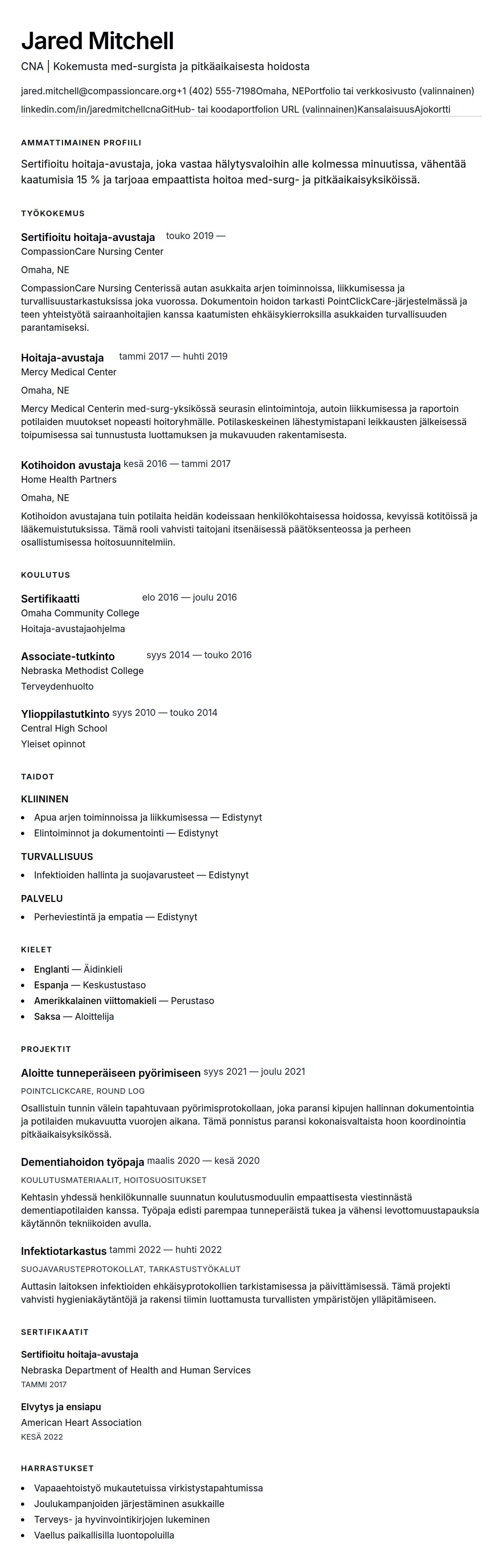 Ansioluetteloesikatselu kohteelle Sertifioitu hoitaja-avustaja (CNA) – Ansioluettelon esimerkki