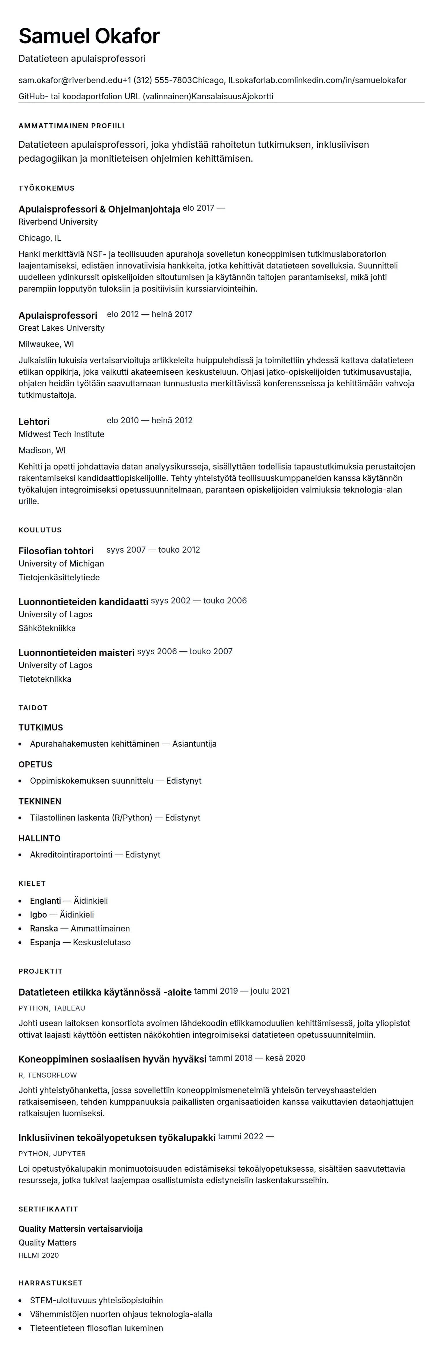 Ansioluetteloesikatselu kohteelle Yliopiston professorin ansioluetteloesimerkki