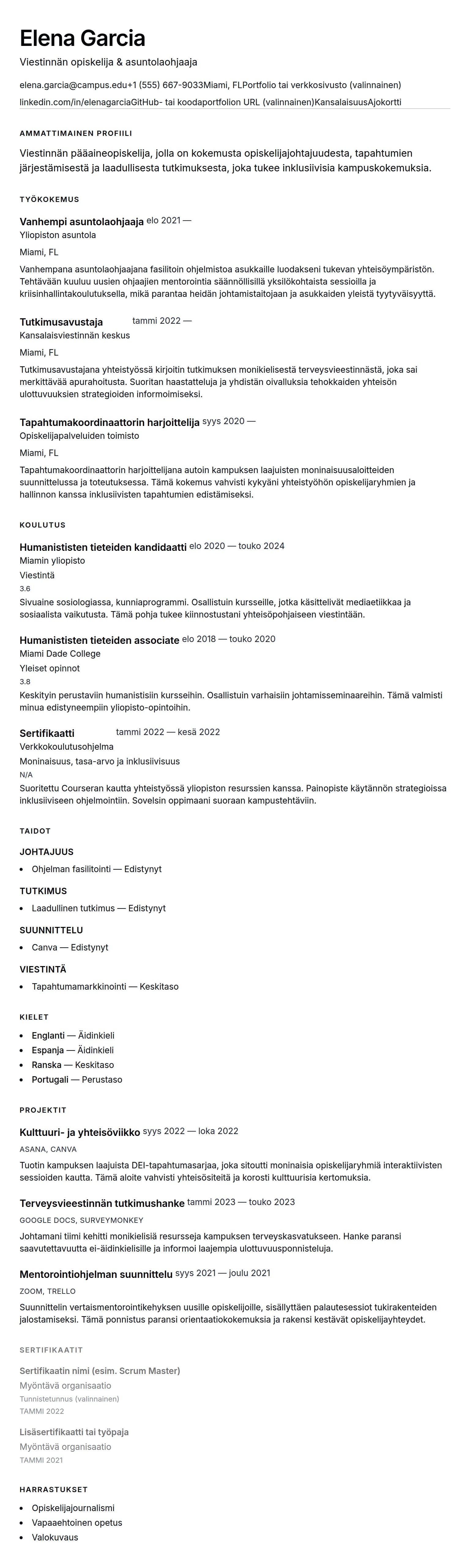 Ansioluetteloesikatselu kohteelle Yliopisto-opiskelijan ansioluetteloesimerkki