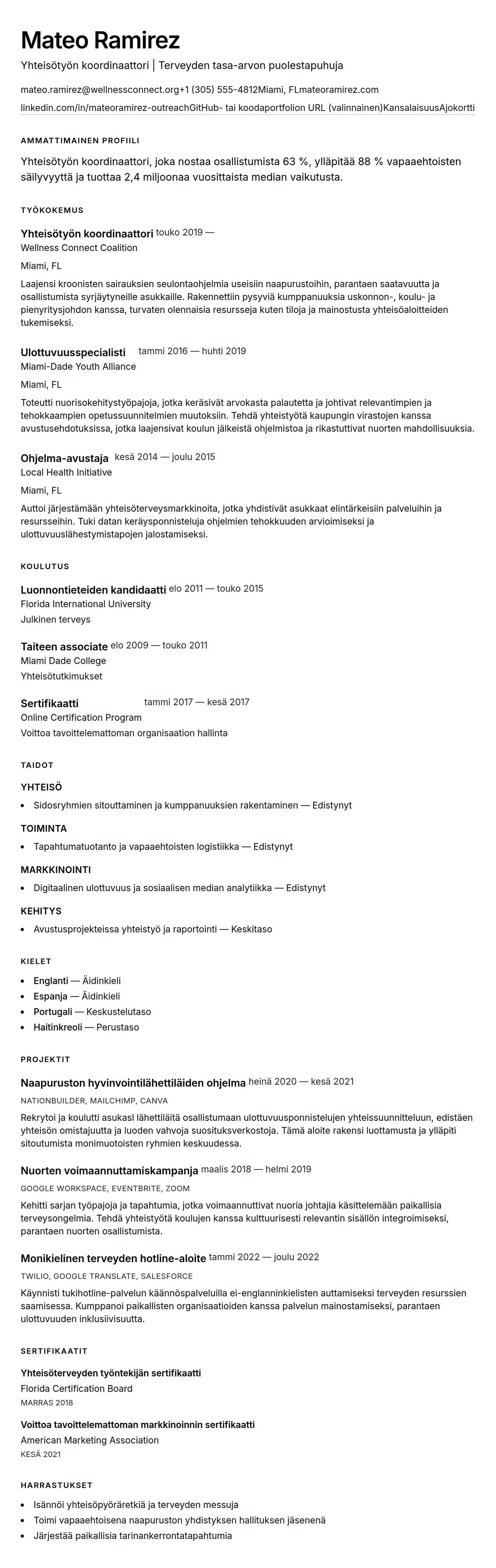 Ansioluetteloesikatselu kohteelle Yhteisötyön koordinaattorin ansioluetteloesimerkki