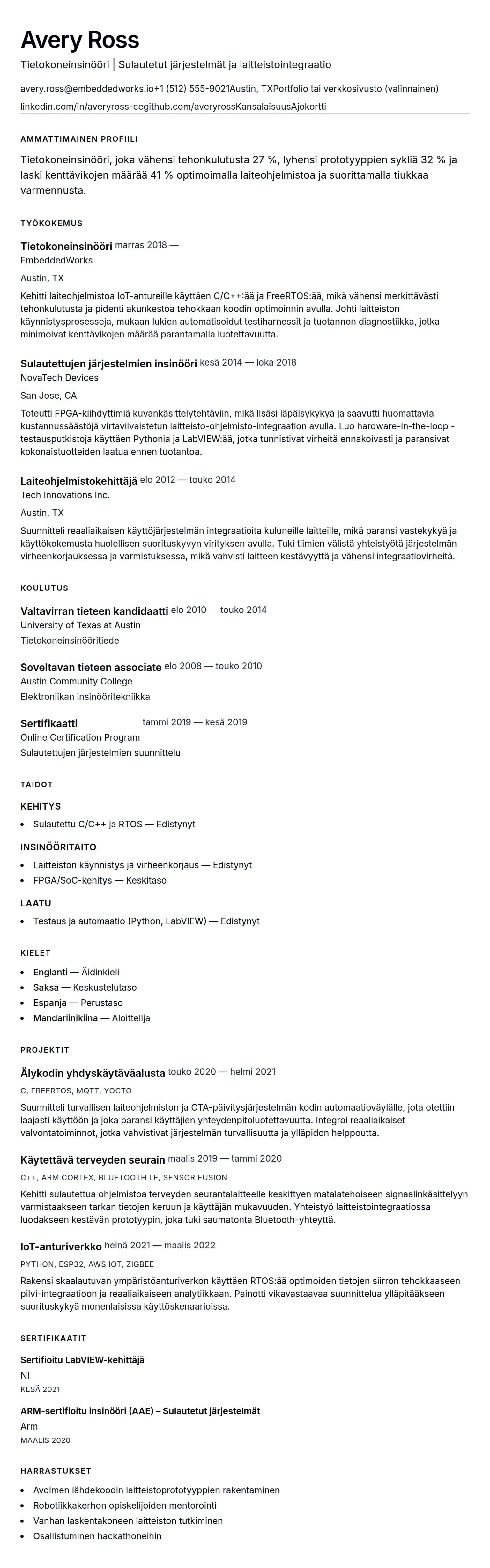 Ansioluetteloesikatselu kohteelle Tietokoneinsinöörin ansioluetteloesimerkki