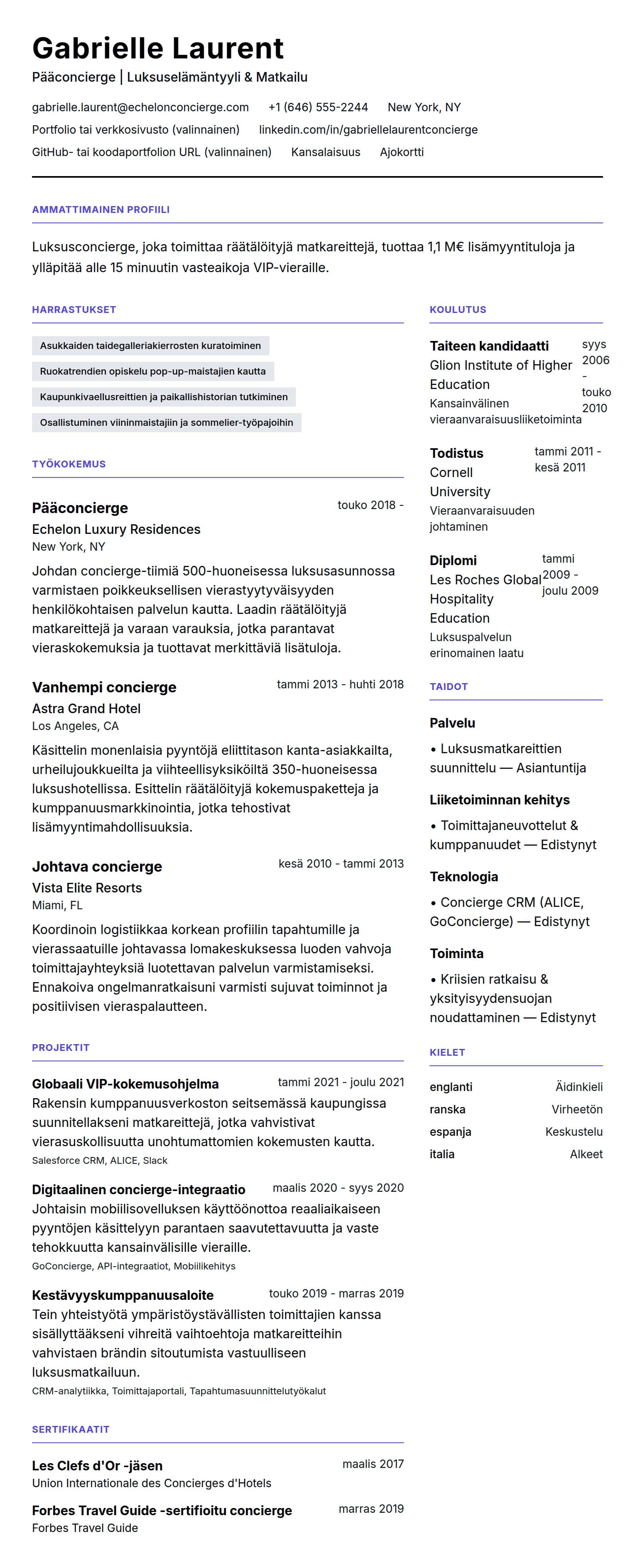 Ansioluetteloesikatselu kohteelle Concierge-ansioluetteloesimerkki