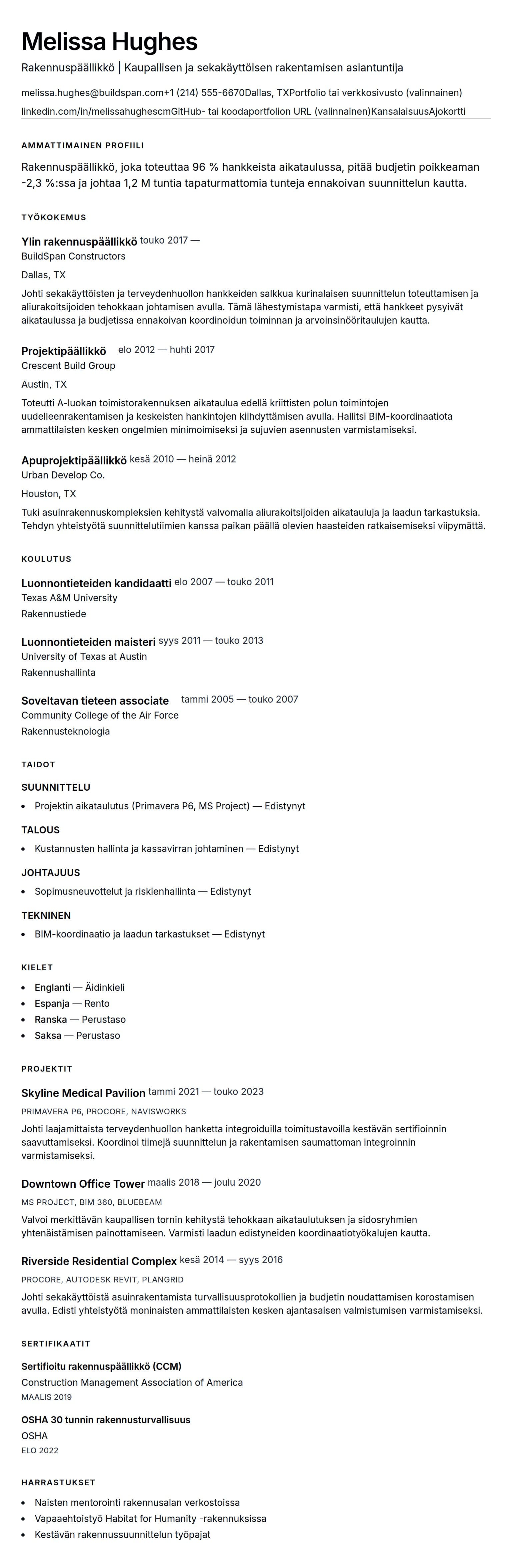 Ansioluetteloesikatselu kohteelle Rakennuspäällikön ansioluetteloesimerkki