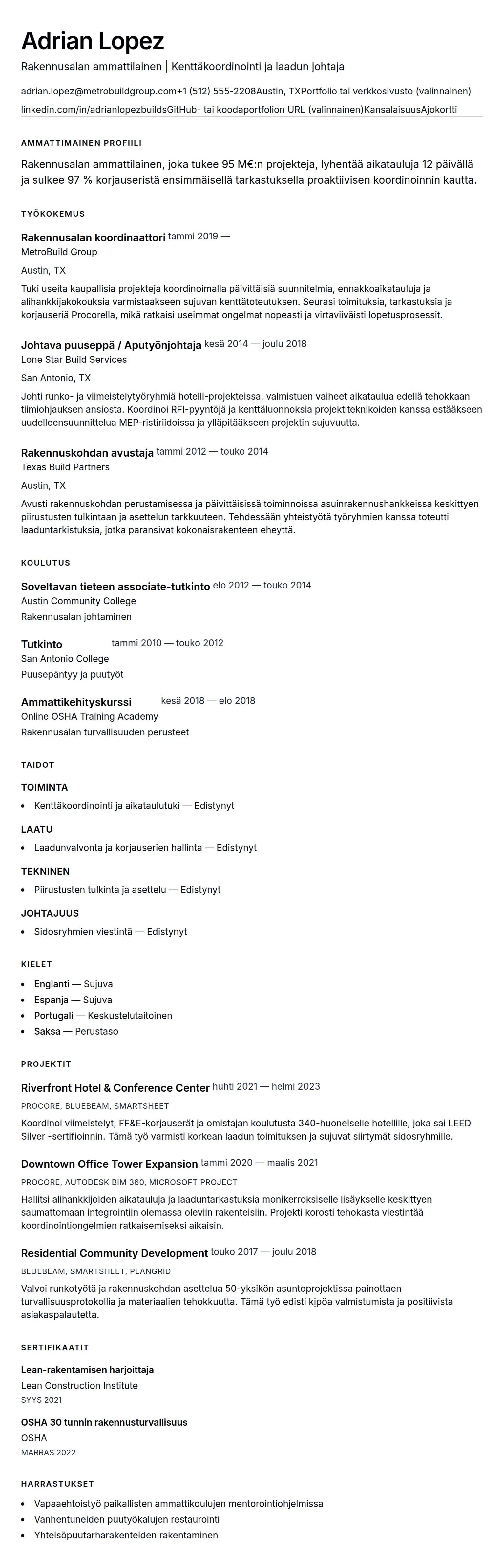 Ansioluetteloesikatselu kohteelle Rakennusalan ammattilaisen ansioluetteloesimerkki