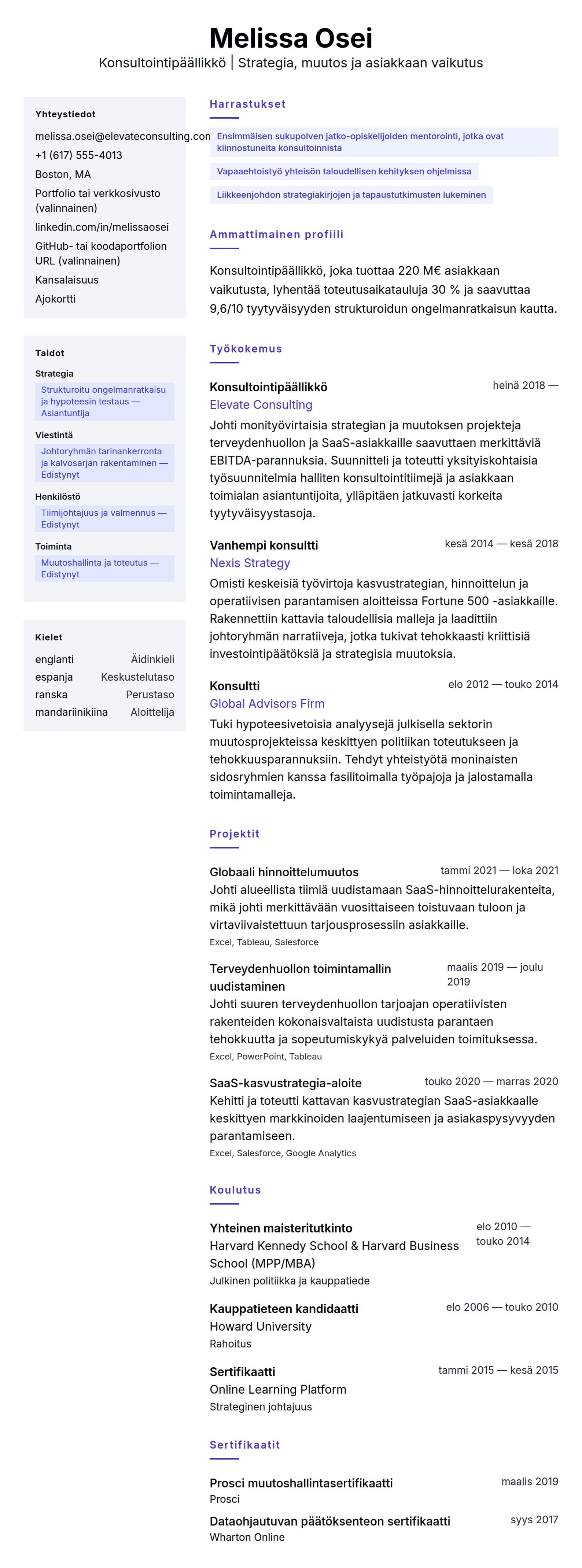Ansioluetteloesikatselu kohteelle Konsultointipäällikön ansioluetteloesimerkki