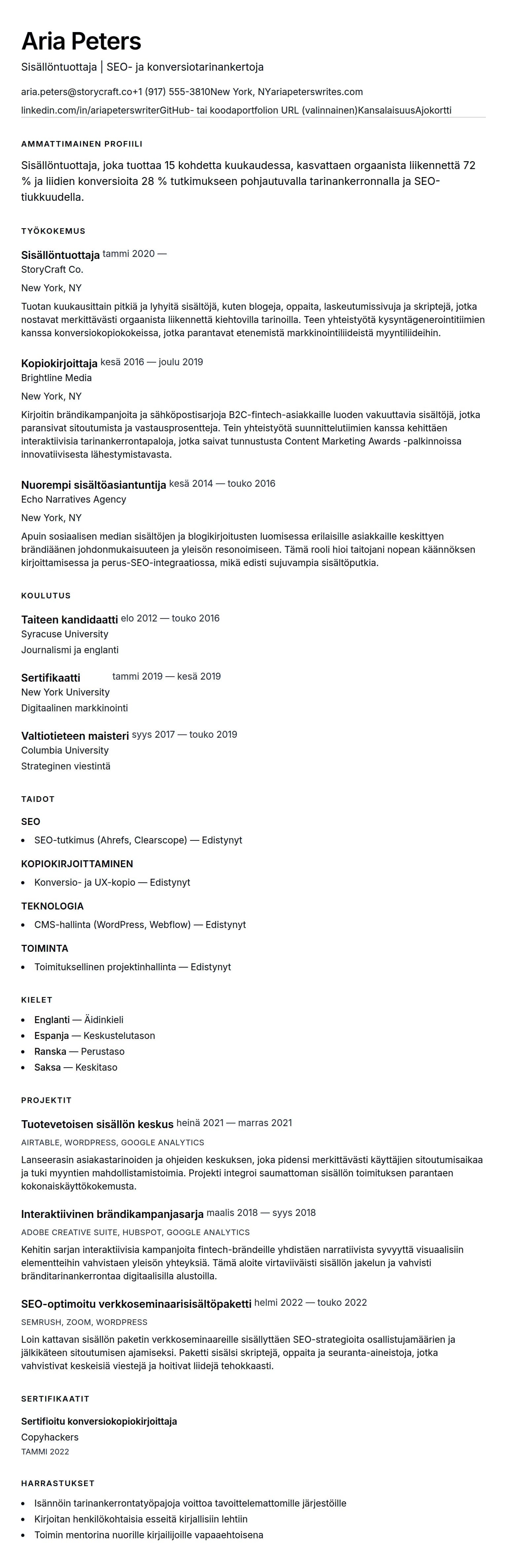 Ansioluetteloesikatselu kohteelle Sisällöntuottajan CV-esimerkki