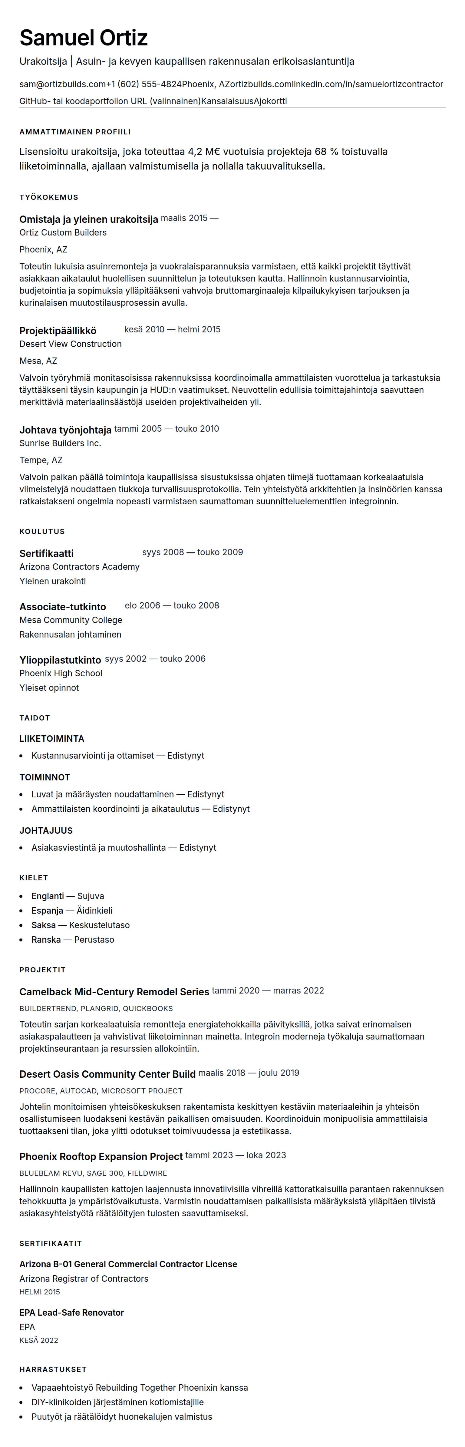 Ansioluetteloesikatselu kohteelle Urakoitsijan CV-esimerkki
