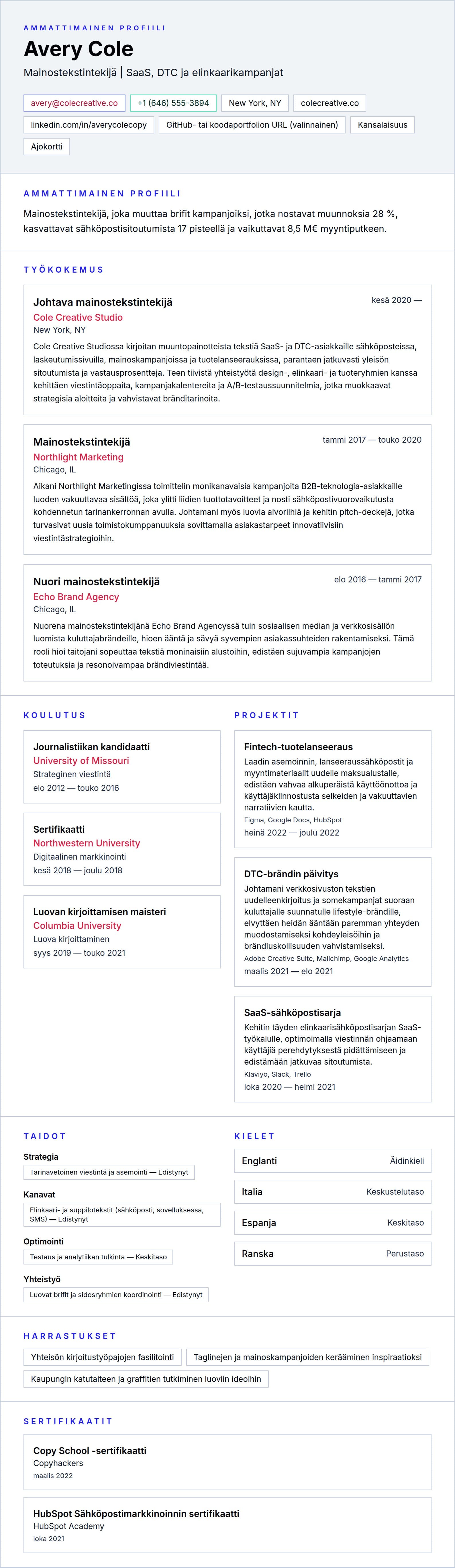 Ansioluetteloesikatselu kohteelle Mainostekstintekijän ansioluetteloesimerkki