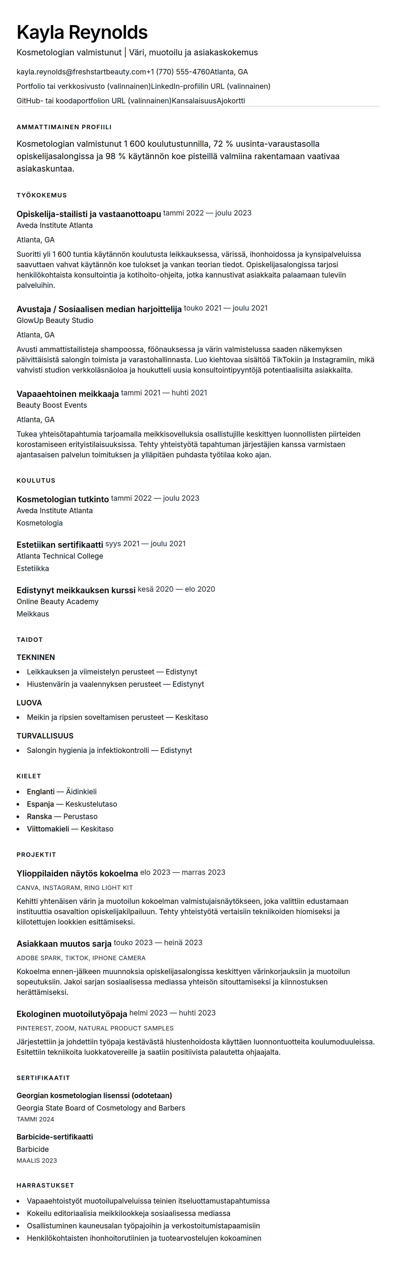 Ansioluetteloesikatselu kohteelle Kosmetologian valmistuneen ansioluettelo-esimerkki