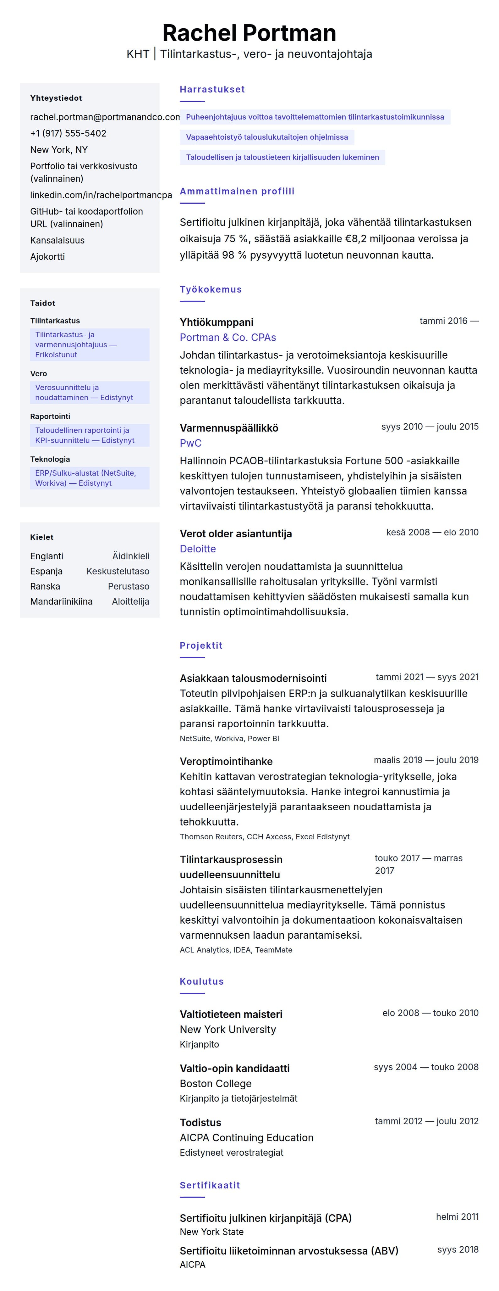 Ansioluetteloesikatselu kohteelle Sertifioitu julkinen kirjanpitäjä ansioluetteloesimerkki