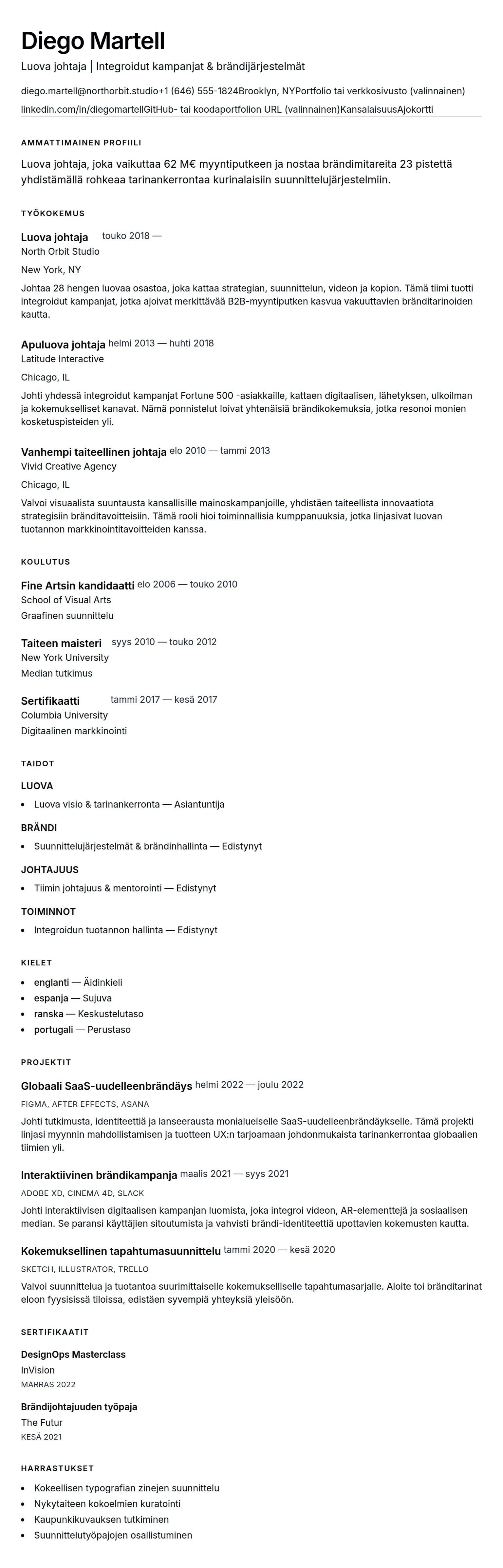 Ansioluetteloesikatselu kohteelle Luova johtaja - CV-esimerkki