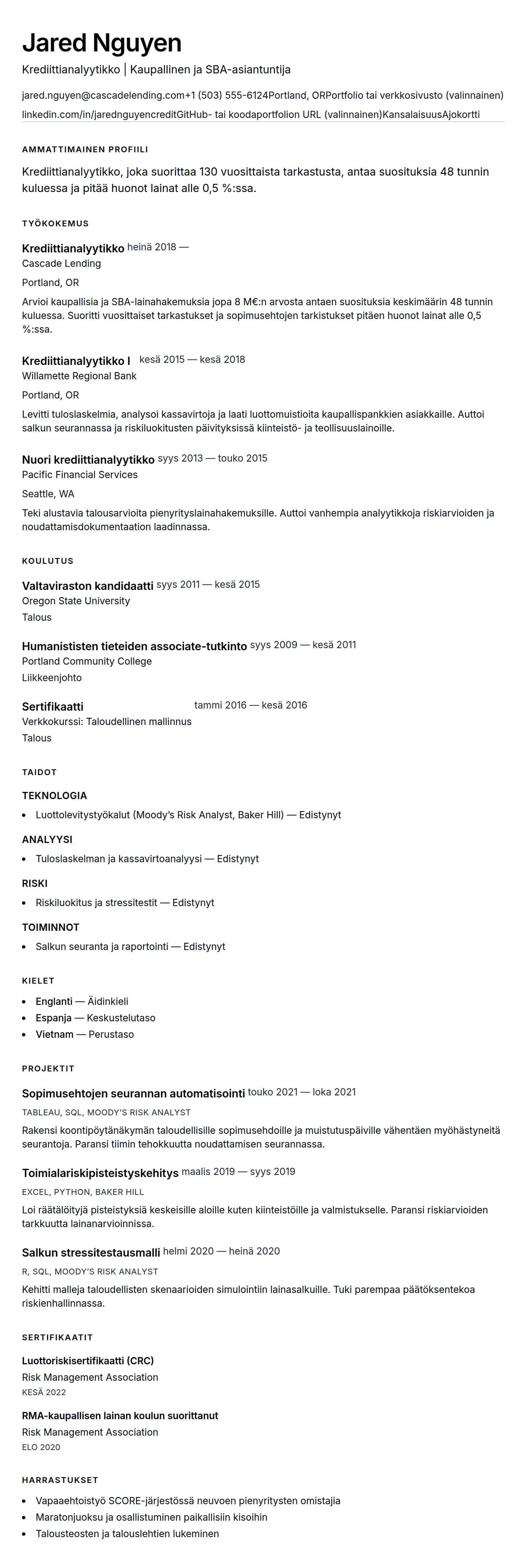 Ansioluetteloesikatselu kohteelle Krediittianalyytikon ansioluettelo esimerkki