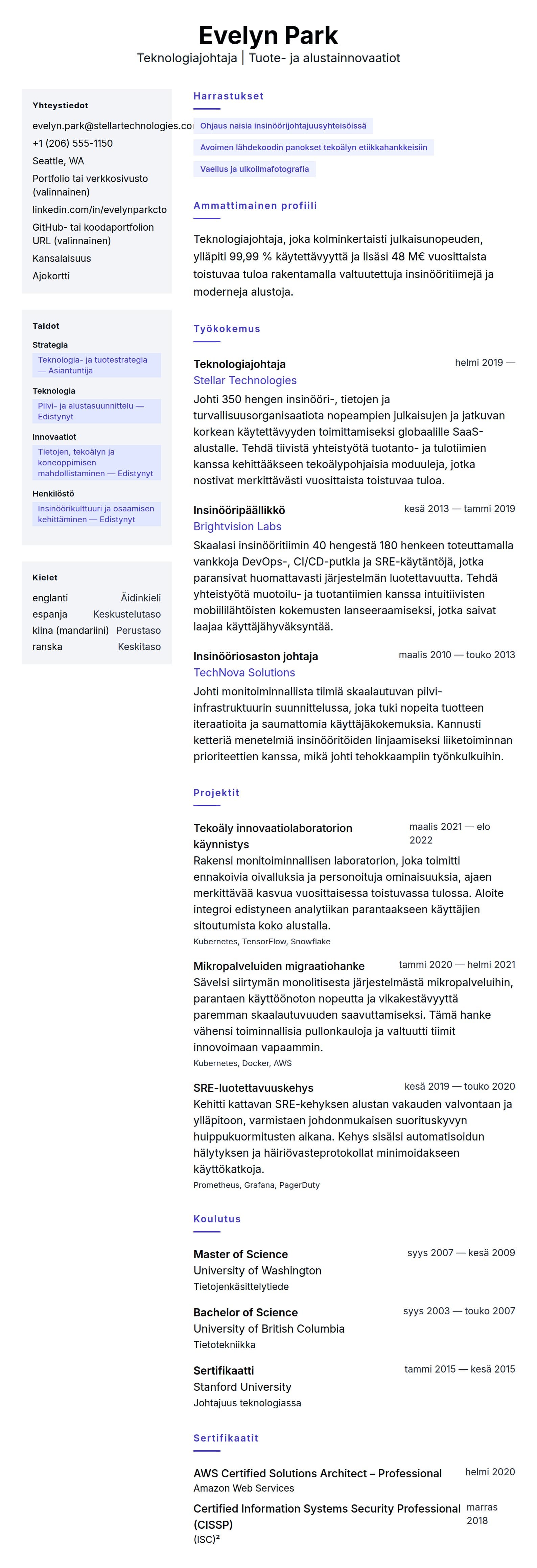 Ansioluetteloesikatselu kohteelle Teknologiajohtajan ansioluetteloesimerkki
