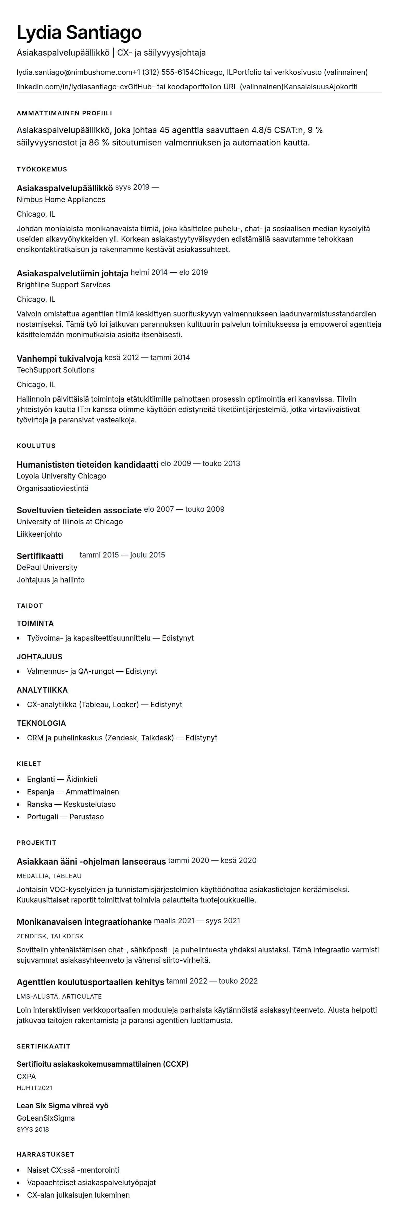 Ansioluetteloesikatselu kohteelle Asiakaspalvelupäällikön ansioluettelon esimerkki