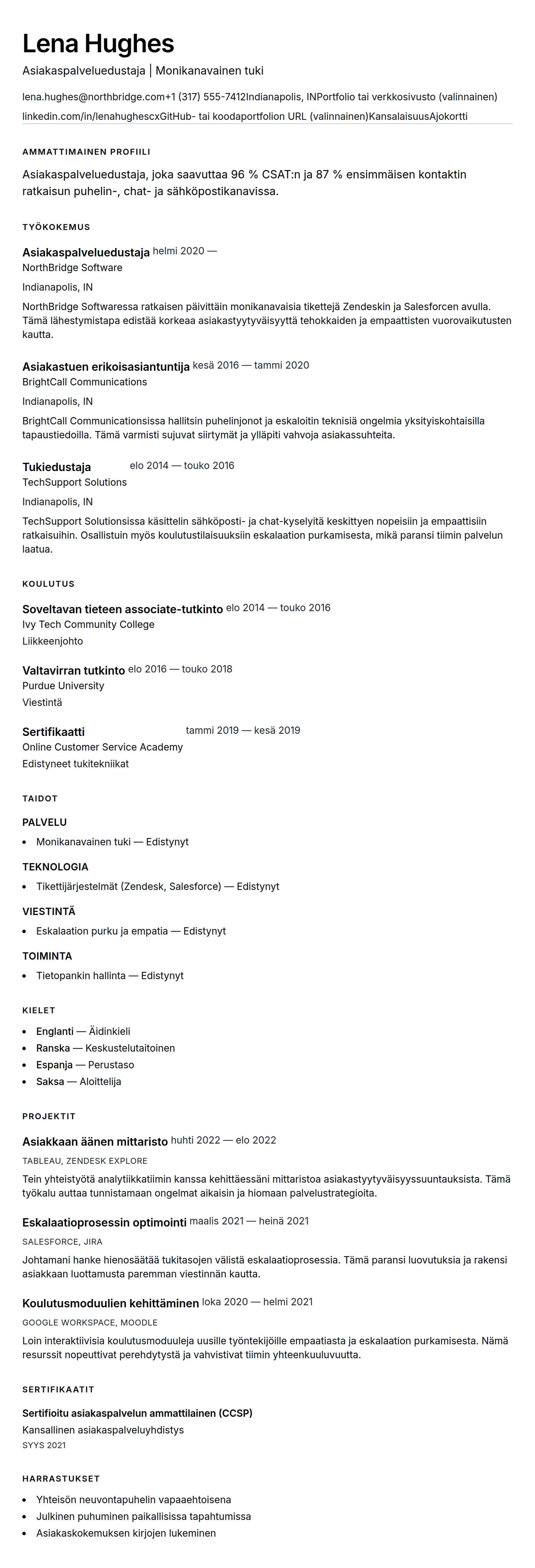 Ansioluetteloesikatselu kohteelle Asiakaspalveluedustajan ansioluetteloesimerkki