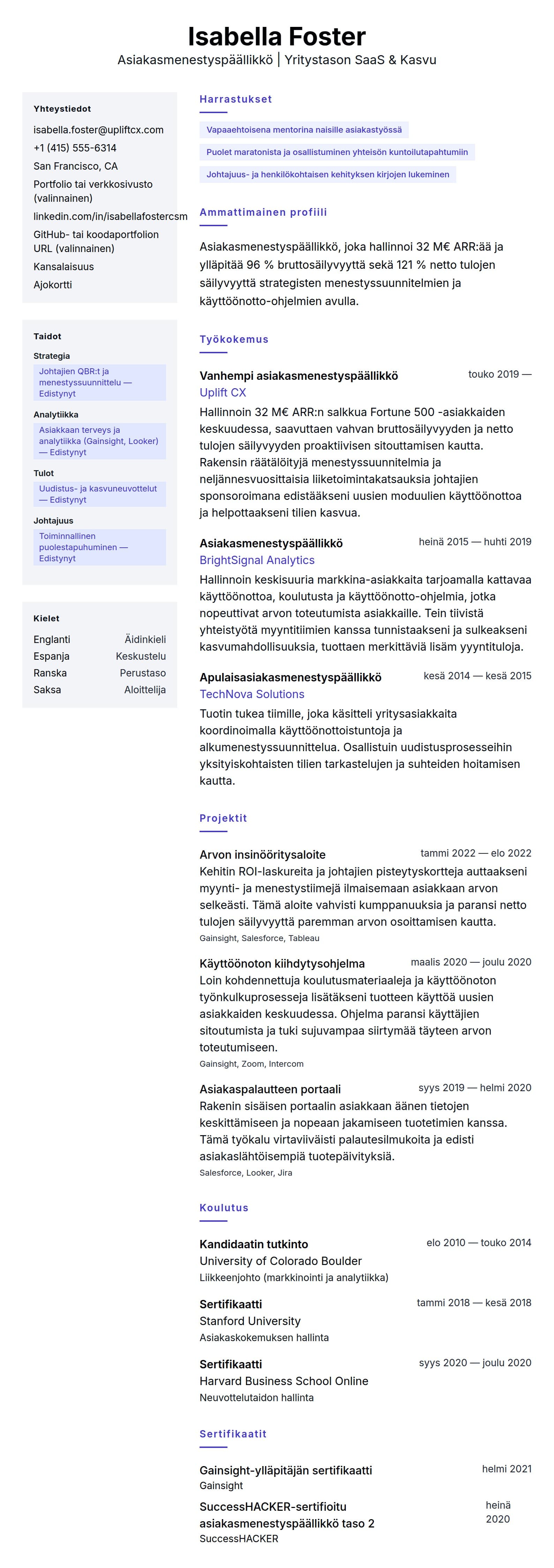 Ansioluetteloesikatselu kohteelle Asiakasmenestyspäällikkö ansioluetteloesimerkki