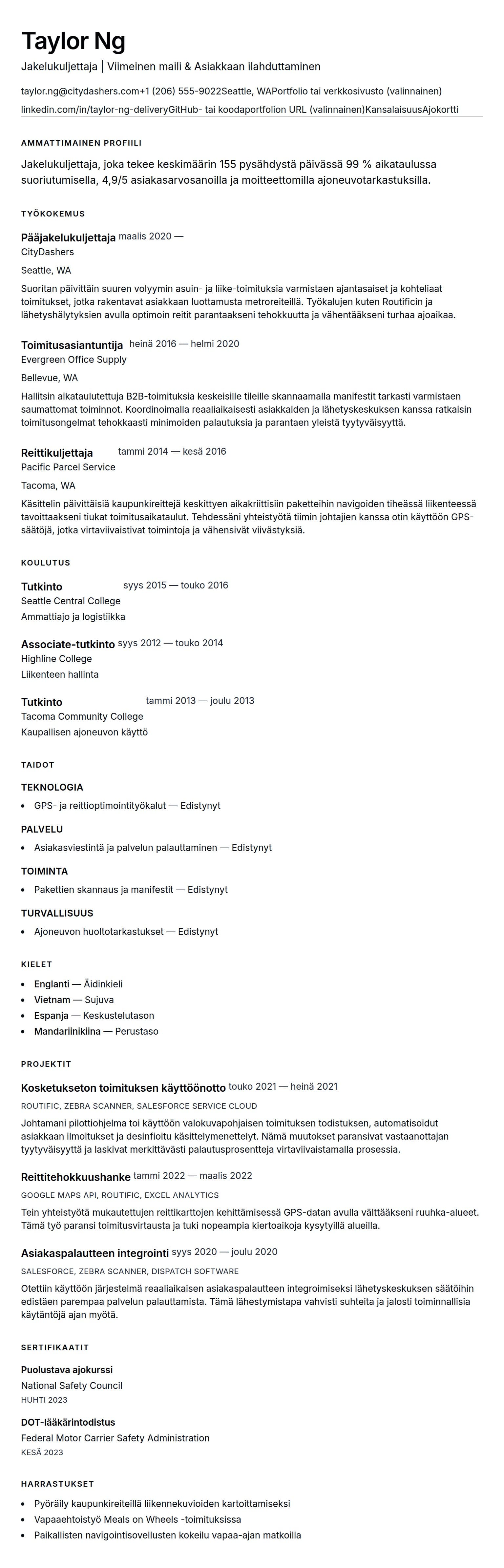 Ansioluetteloesikatselu kohteelle Jakelukuljettajan CV-esimerkki