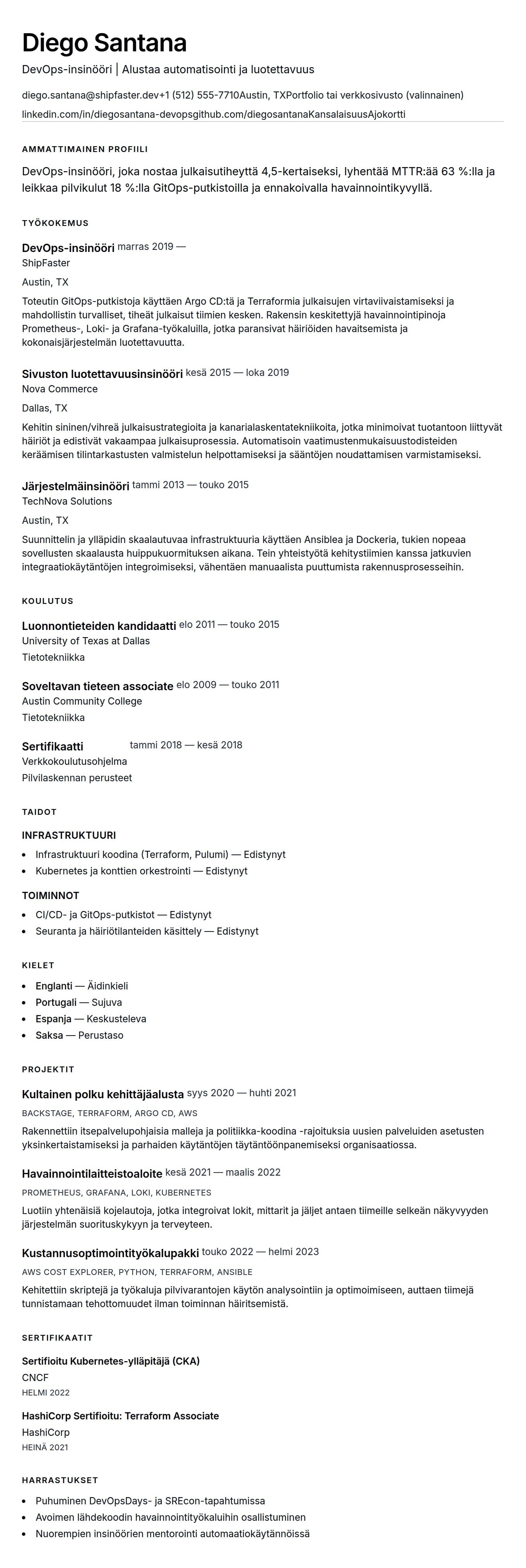 Ansioluetteloesikatselu kohteelle DevOps-insinöörin ansioluetteloesimerkki
