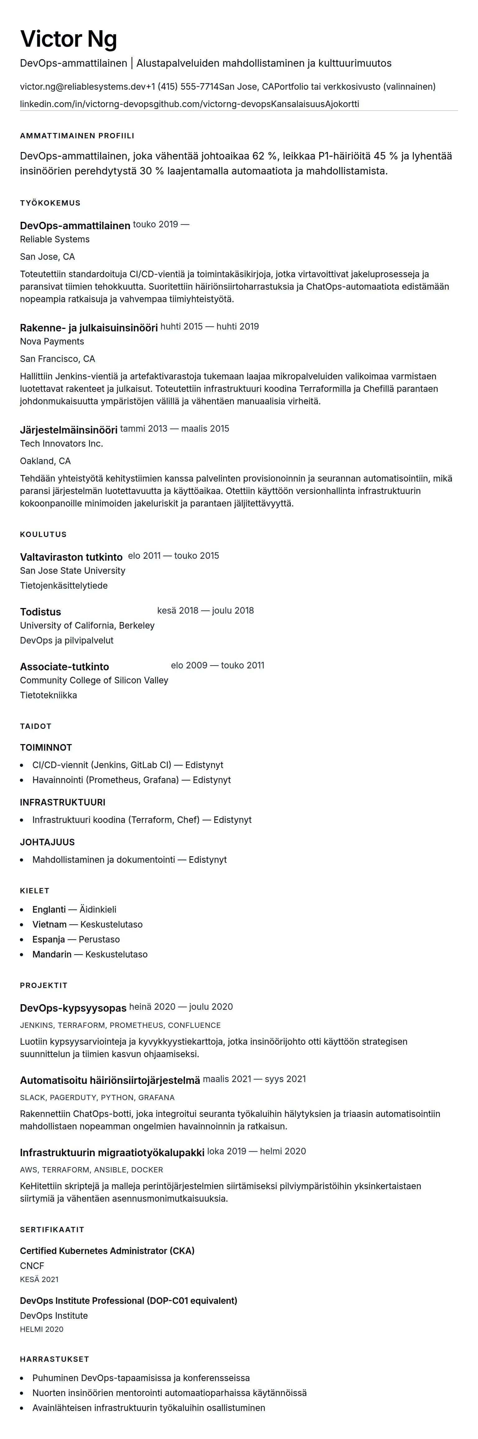 Ansioluetteloesikatselu kohteelle DevOps-ammattilaisen ansioluetteloesimerkki
