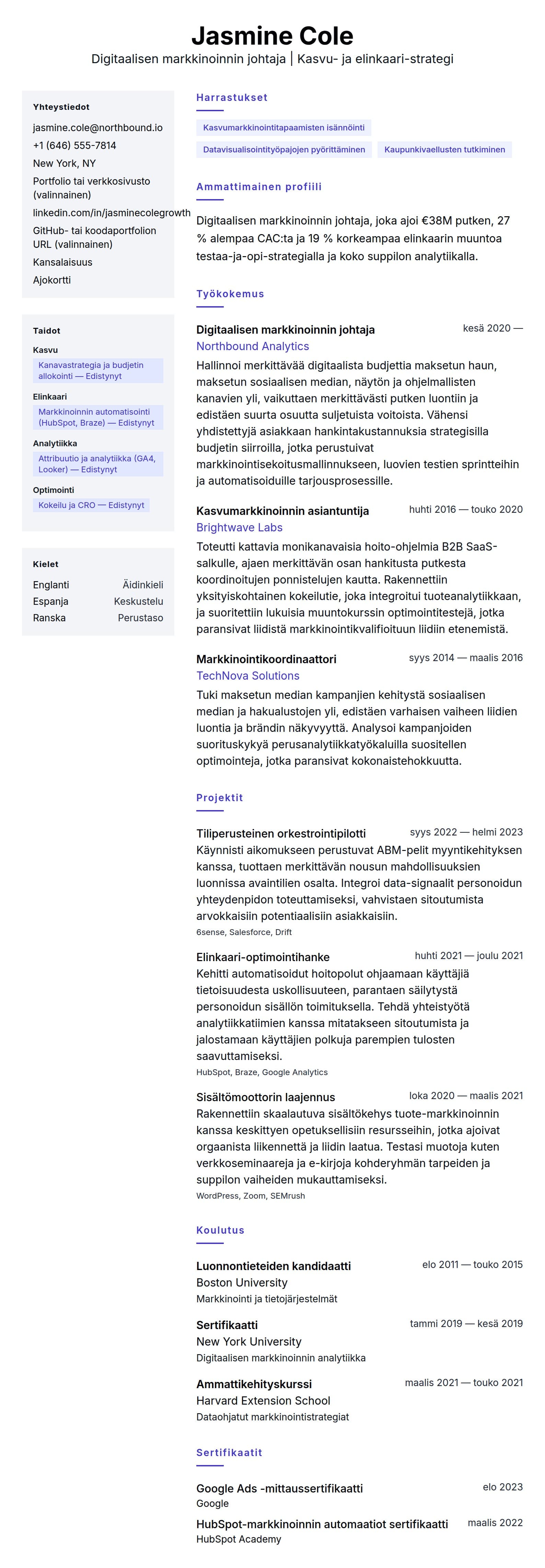 Ansioluetteloesikatselu kohteelle Digitaalisen markkinoinnin johtajan ansioluetteloesimerkki