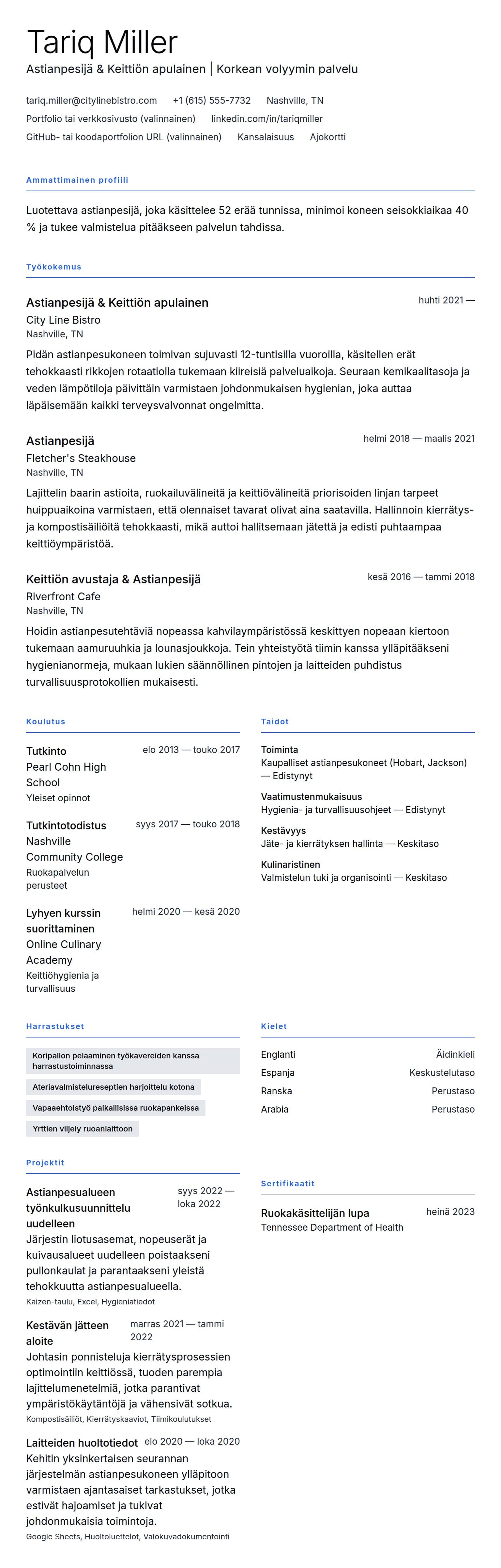 Ansioluetteloesikatselu kohteelle Astianpesijän ansioluetteloesimerkki