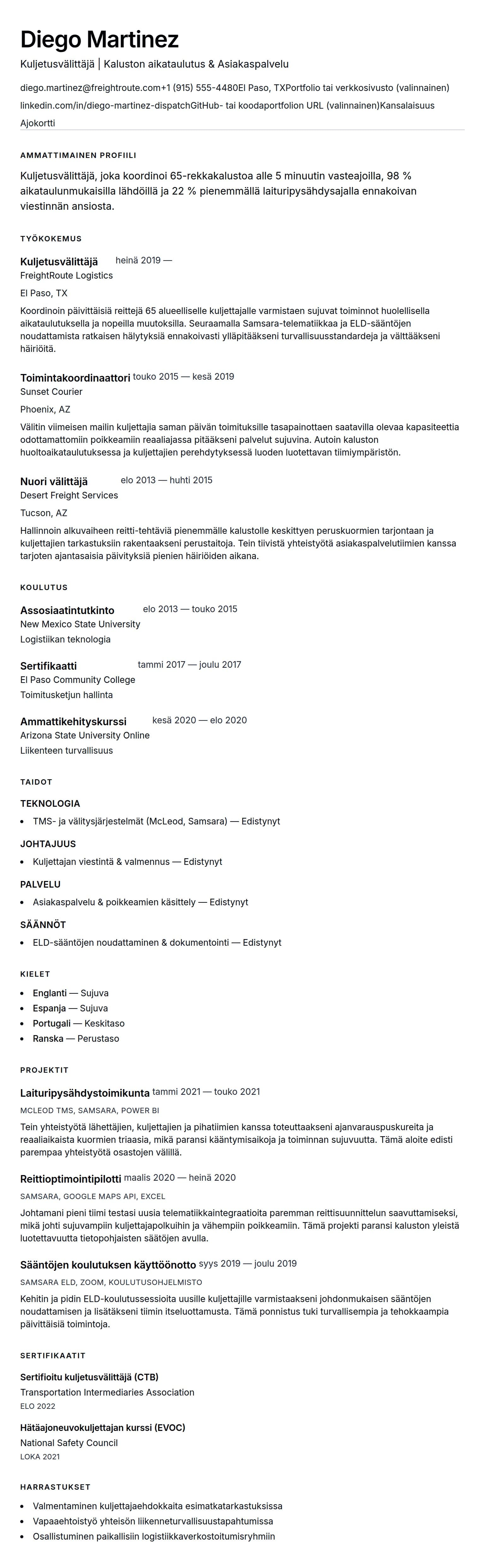 Ansioluetteloesikatselu kohteelle Kuljetusvälittäjän ansioluetteloesimerkki