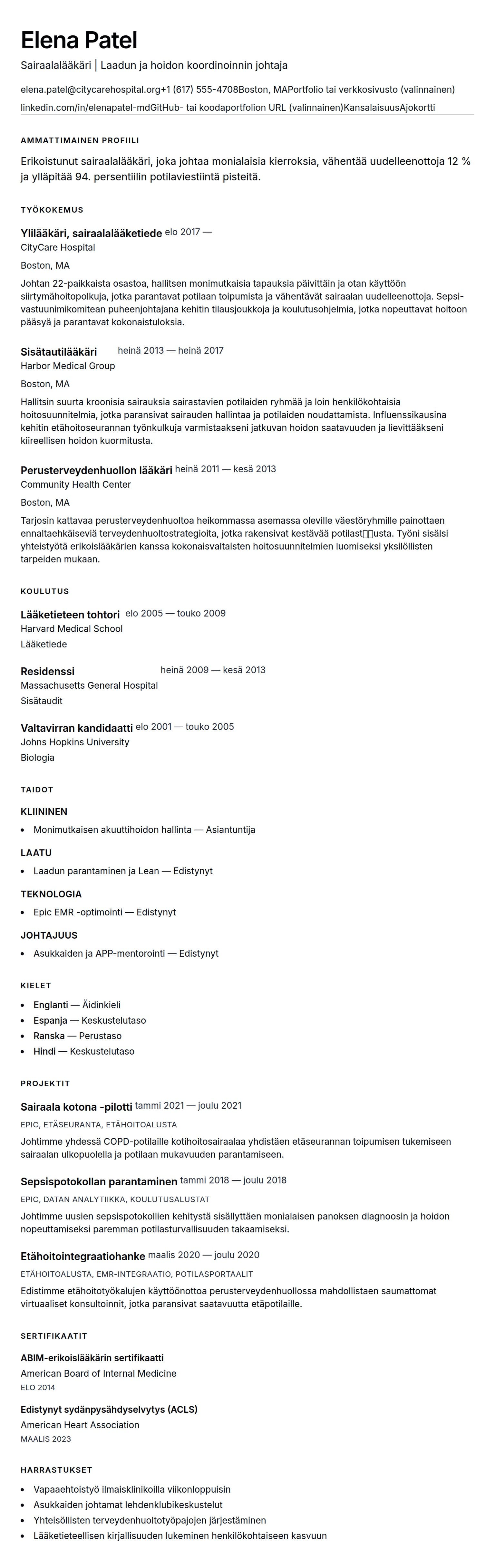 Ansioluetteloesikatselu kohteelle Lääkärin ansioluettelo esimerkki