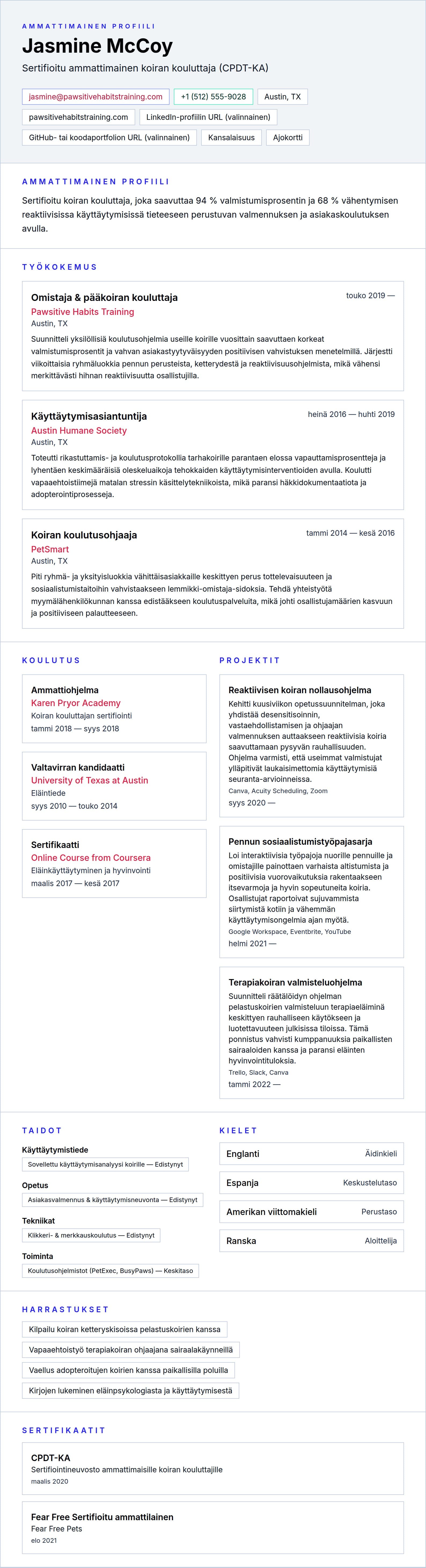 Ansioluetteloesikatselu kohteelle Koiran kouluttajan CV-esimerkki