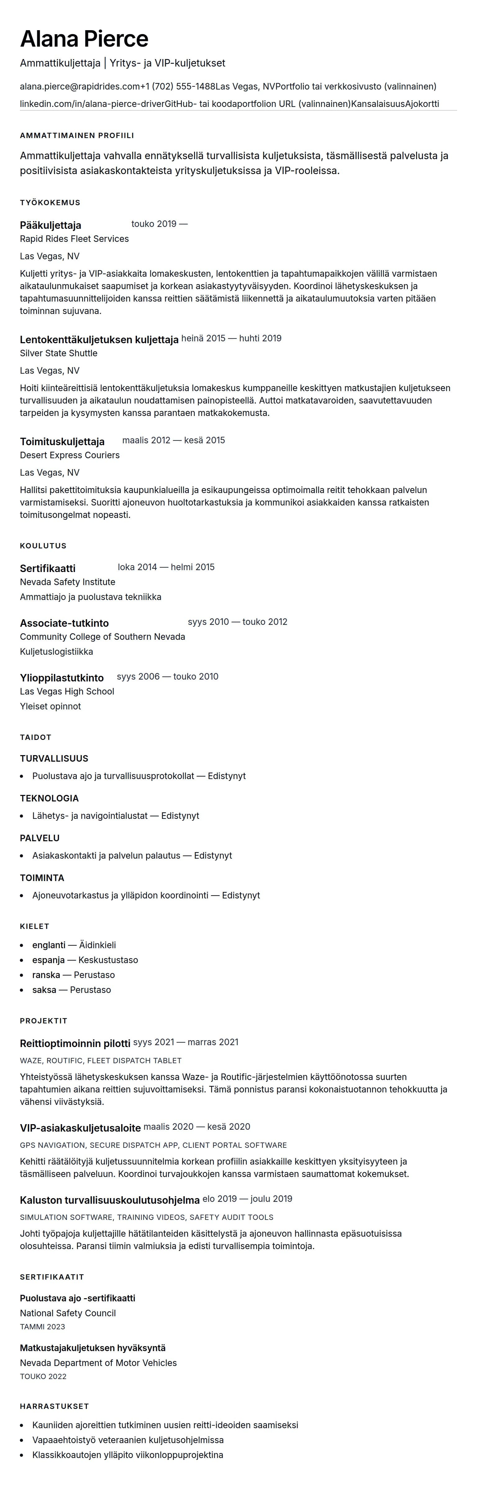 Ansioluetteloesikatselu kohteelle Kuljettajan ansioluetteloesimerkki