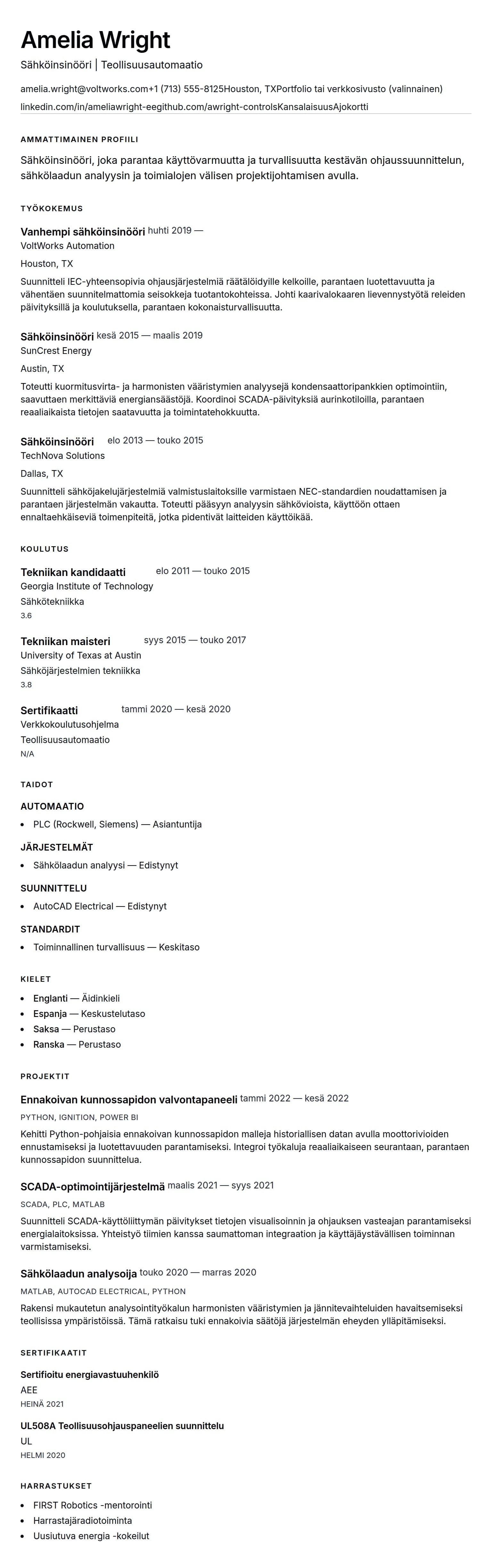 Ansioluetteloesikatselu kohteelle Sähköinsinöörin ansioluettelon esimerkki