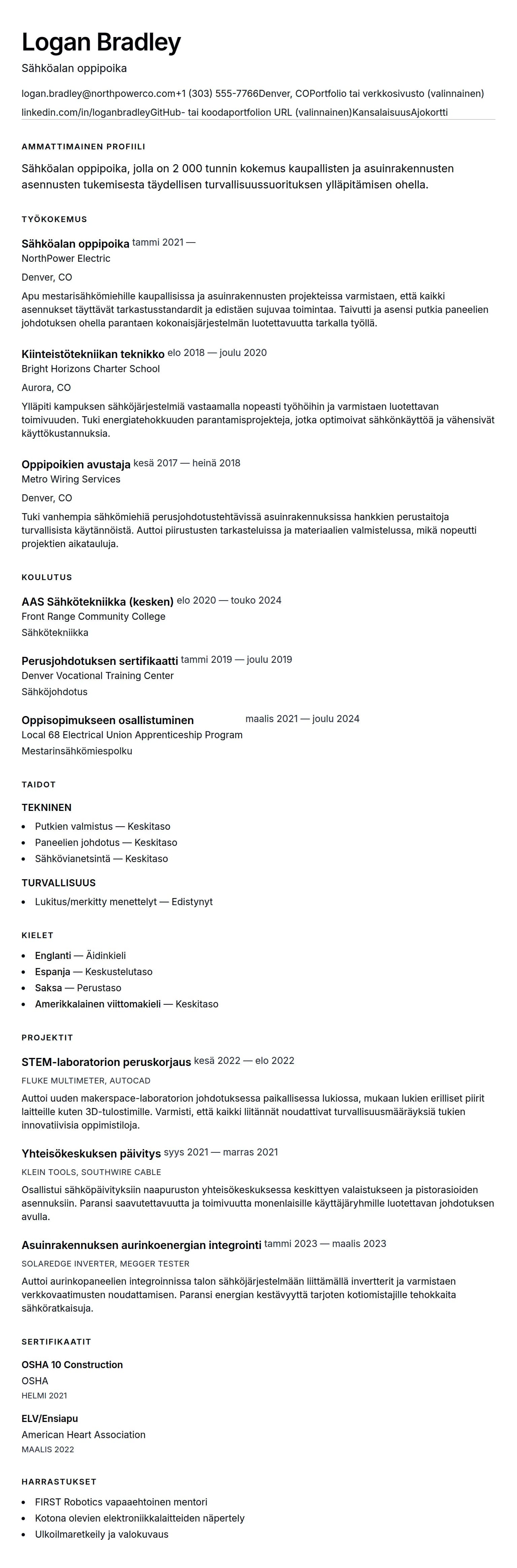 Ansioluetteloesikatselu kohteelle Sähköasentajan oppipojan ansioluettelo esimerkki