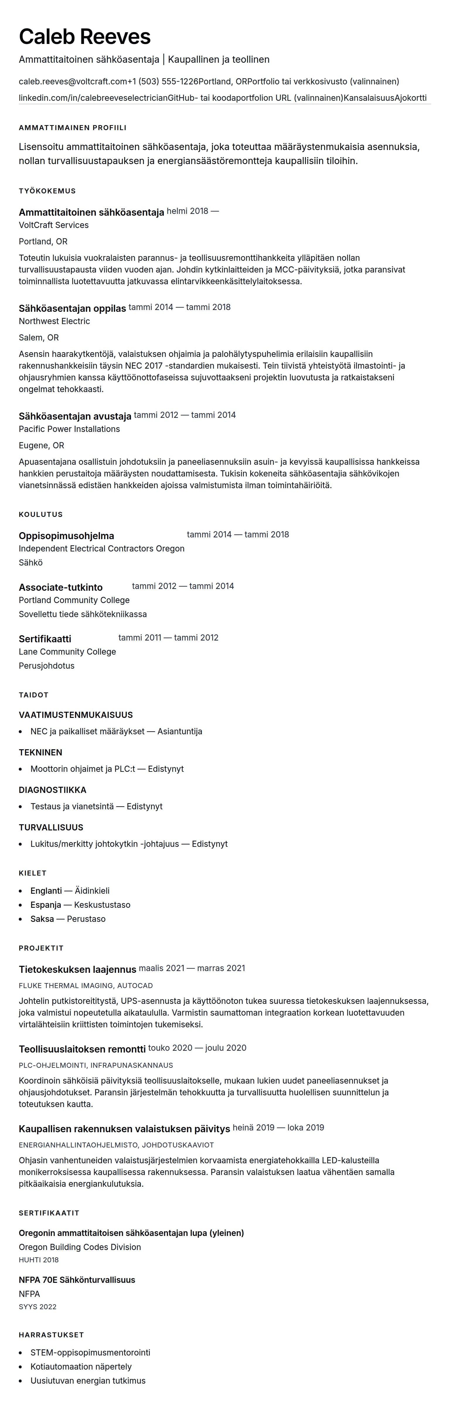 Ansioluetteloesikatselu kohteelle Sähköasentajan ansioluettelo -esimerkki