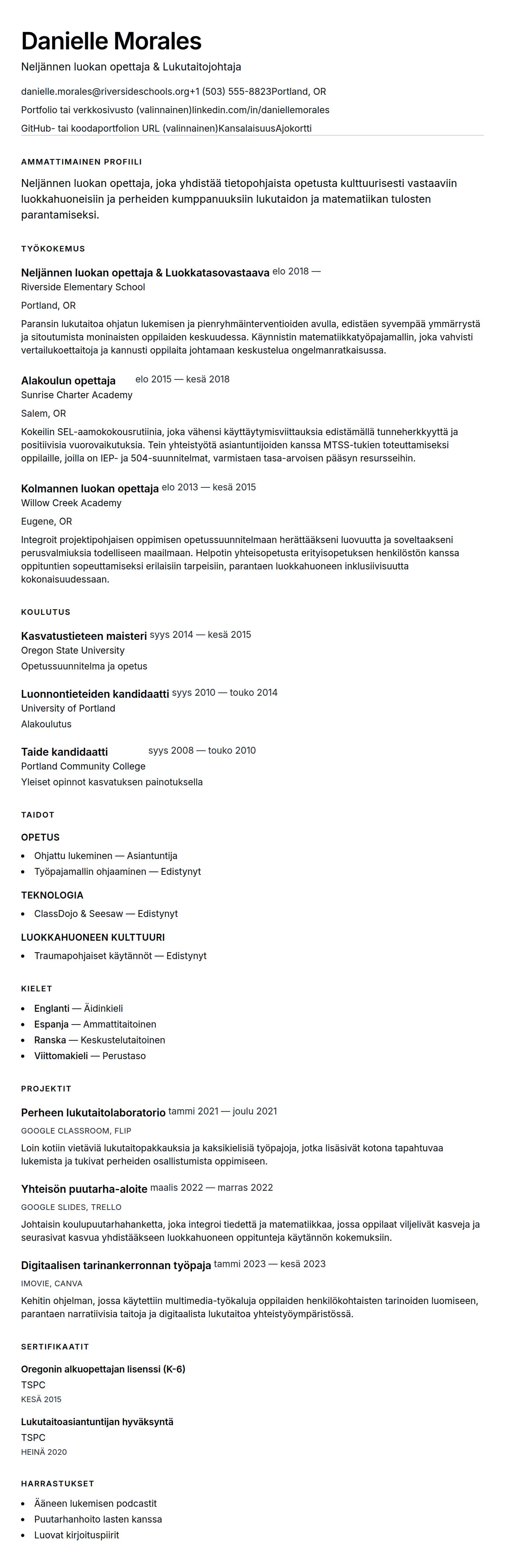 Ansioluetteloesikatselu kohteelle Alakoulun opettajan ansioluetteloesimerkki