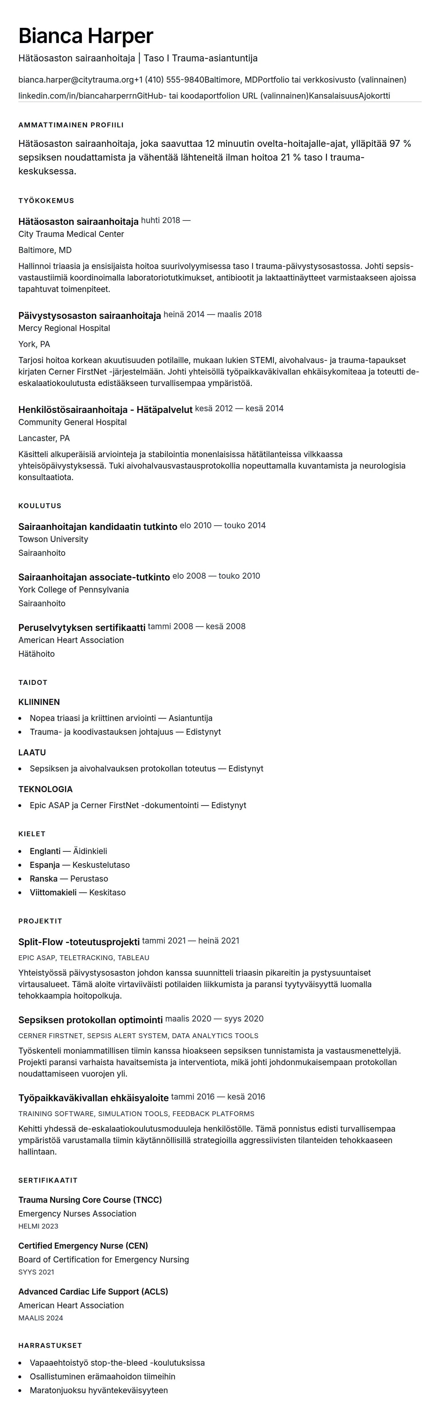 Ansioluetteloesikatselu kohteelle Hätäosaston (HO) sairaanhoitajan ansioluetteloesimerkki