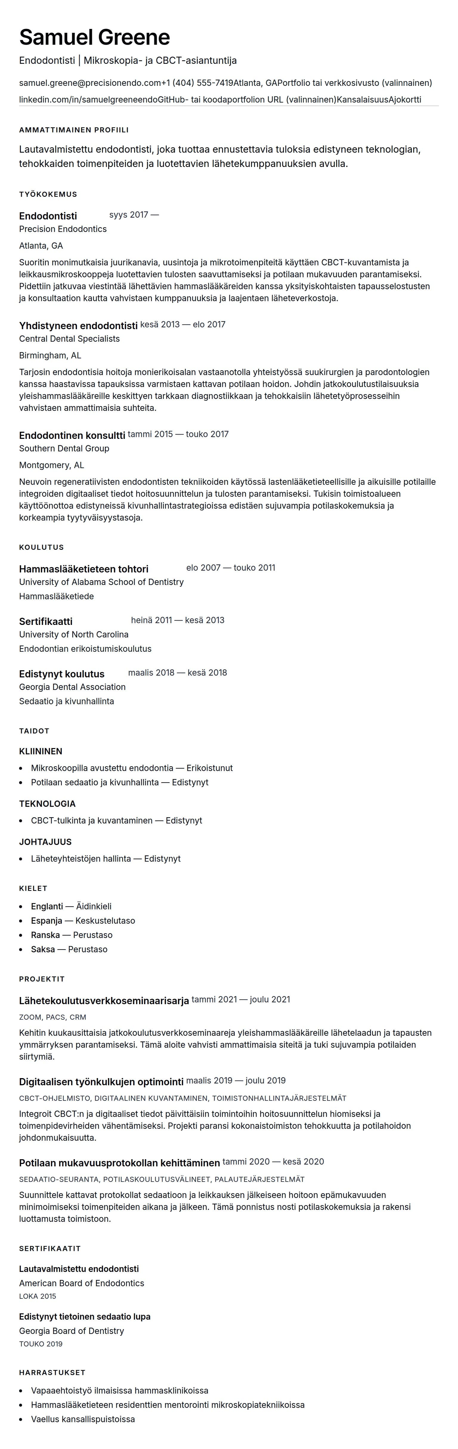 Ansioluetteloesikatselu kohteelle Endodontistin ansioluettelo esimerkki