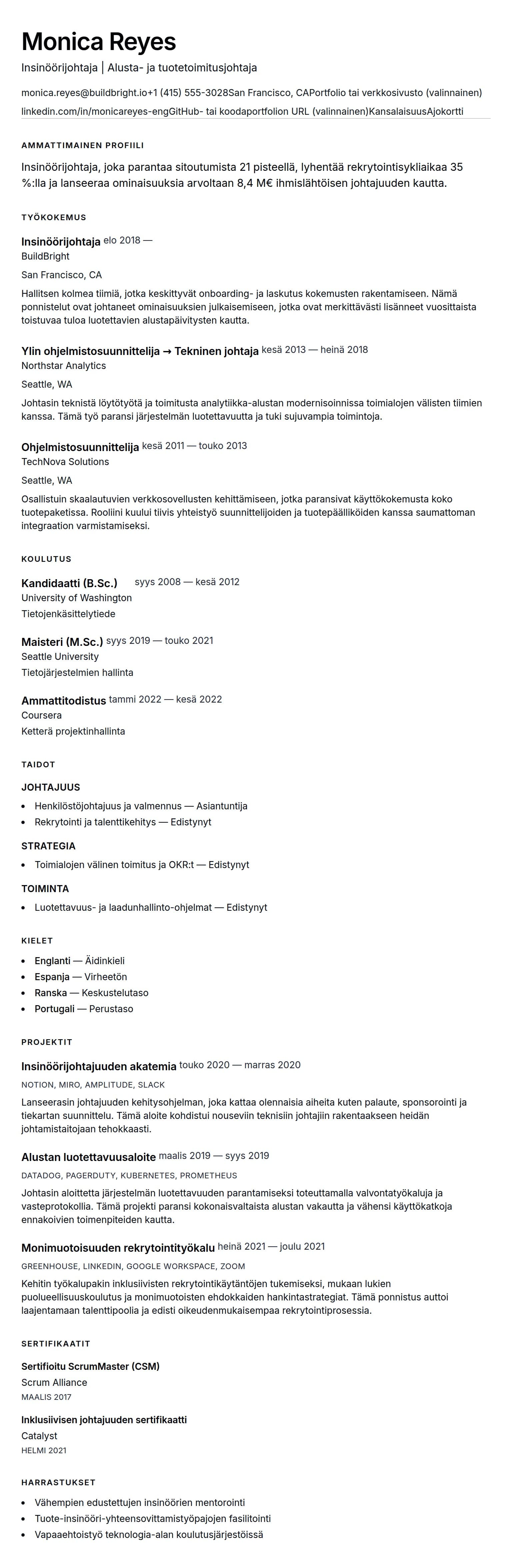 Ansioluetteloesikatselu kohteelle Insinöörijohtajan ansioluetteloesimerkki