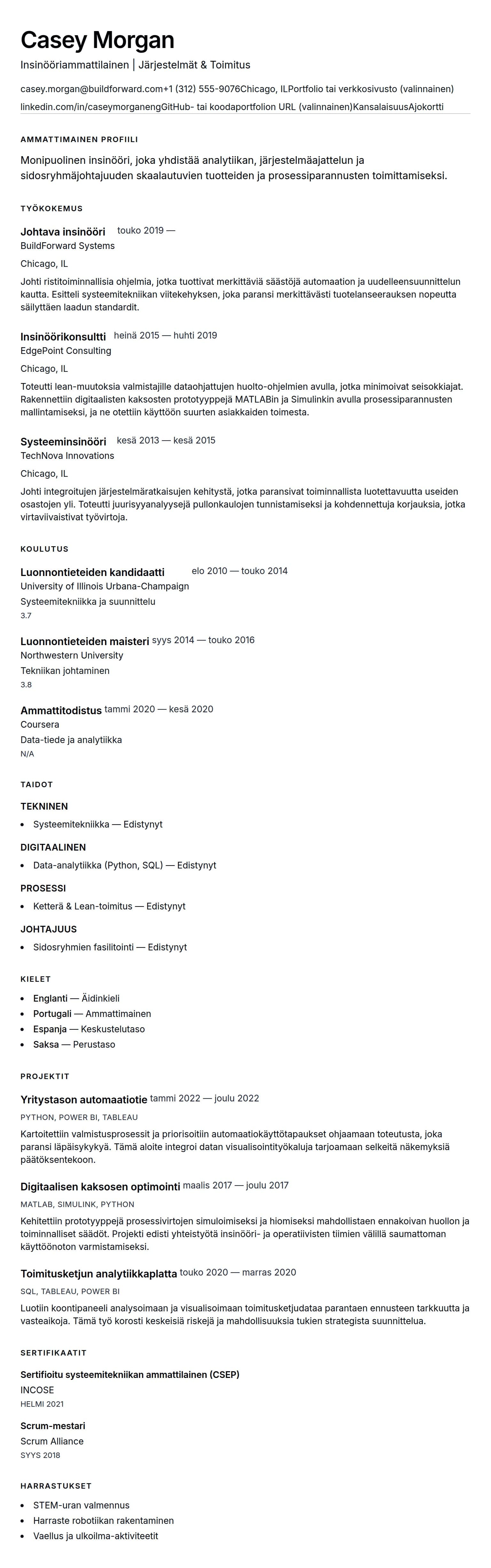 Ansioluetteloesikatselu kohteelle Insinöörin CV-esimerkki