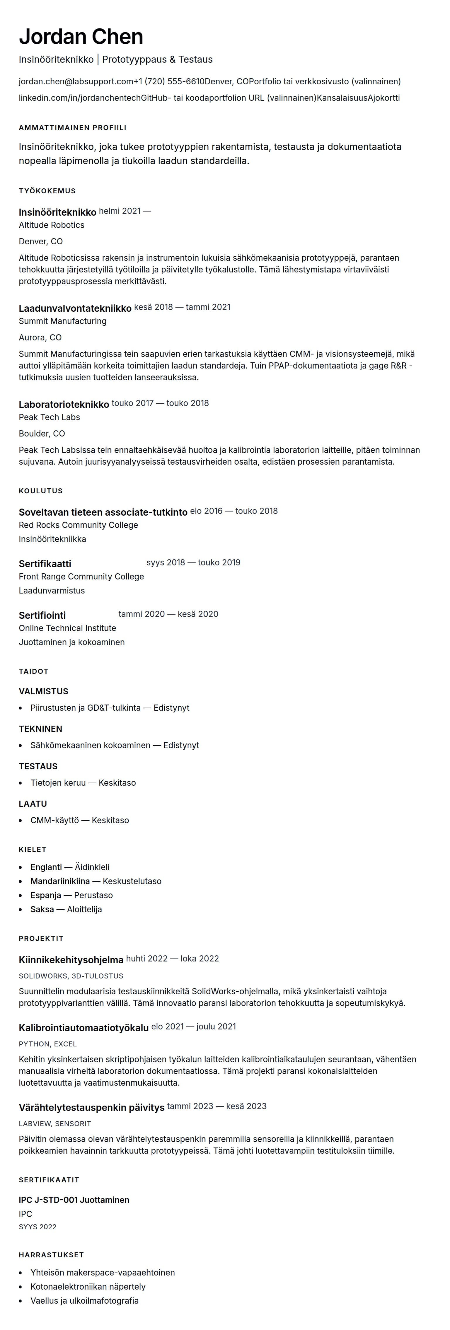 Ansioluetteloesikatselu kohteelle Teknikon ansioluetteloesimerkki