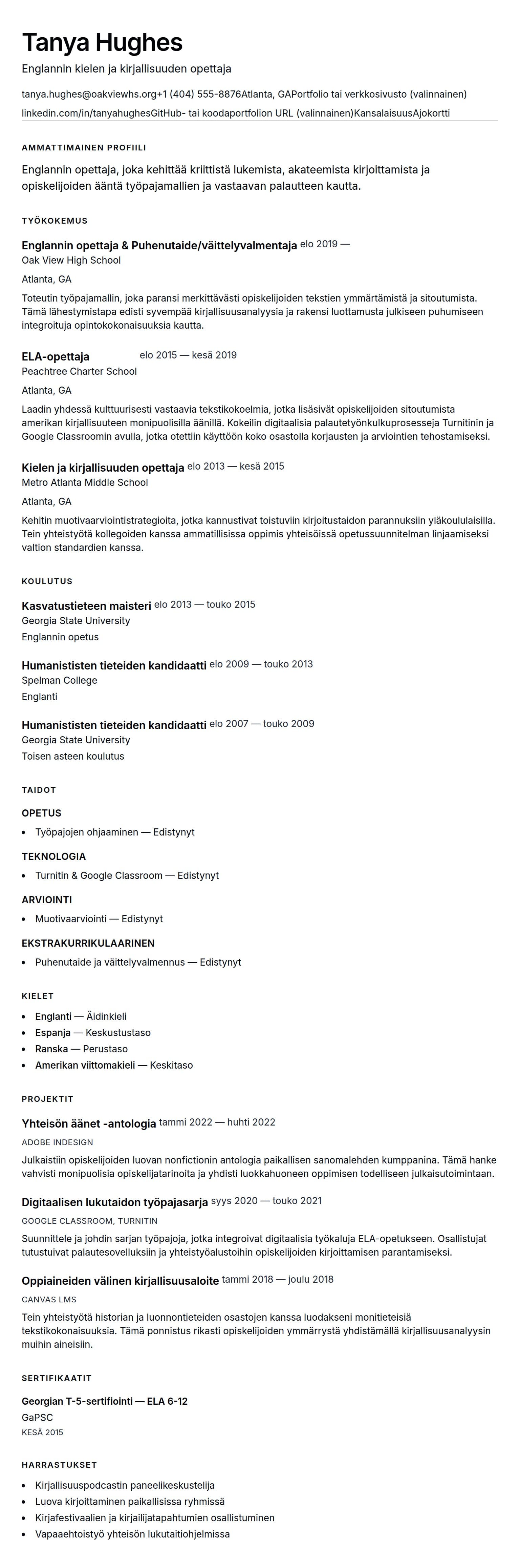 Ansioluetteloesikatselu kohteelle Englannin opettajan ansioluetteloesimerkki