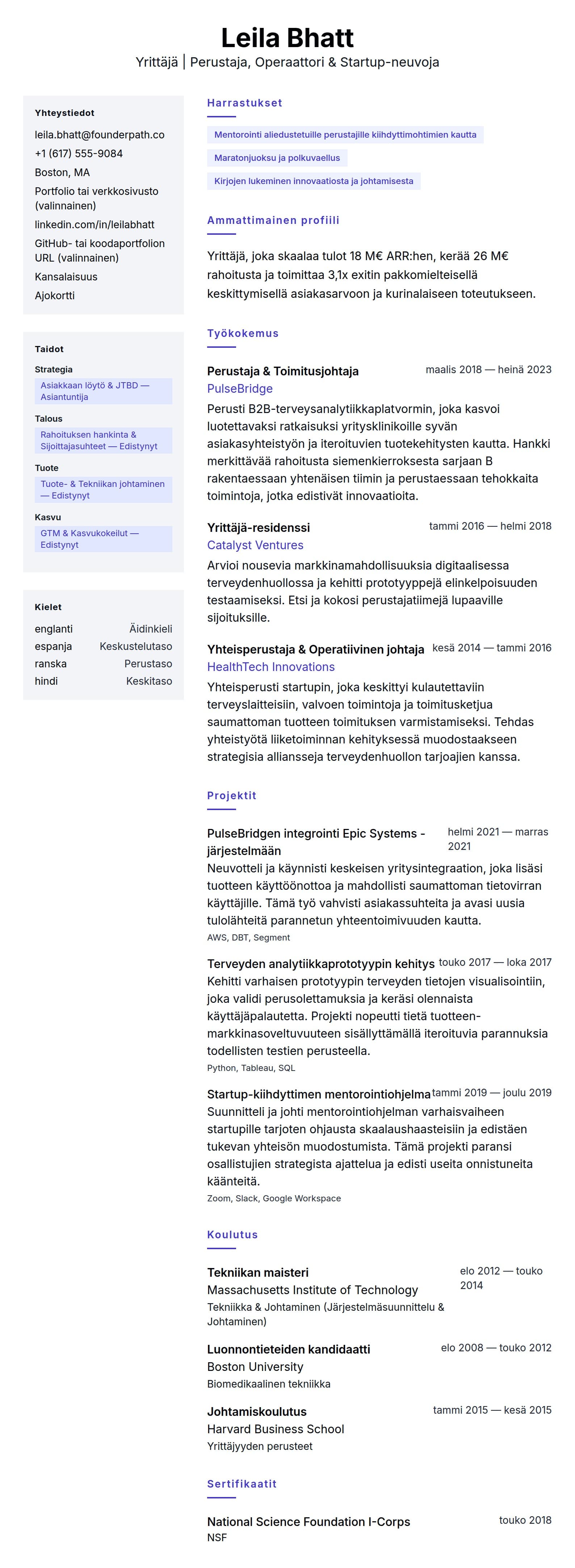 Ansioluetteloesikatselu kohteelle Yrittäjän ansioluetteloesimerkki
